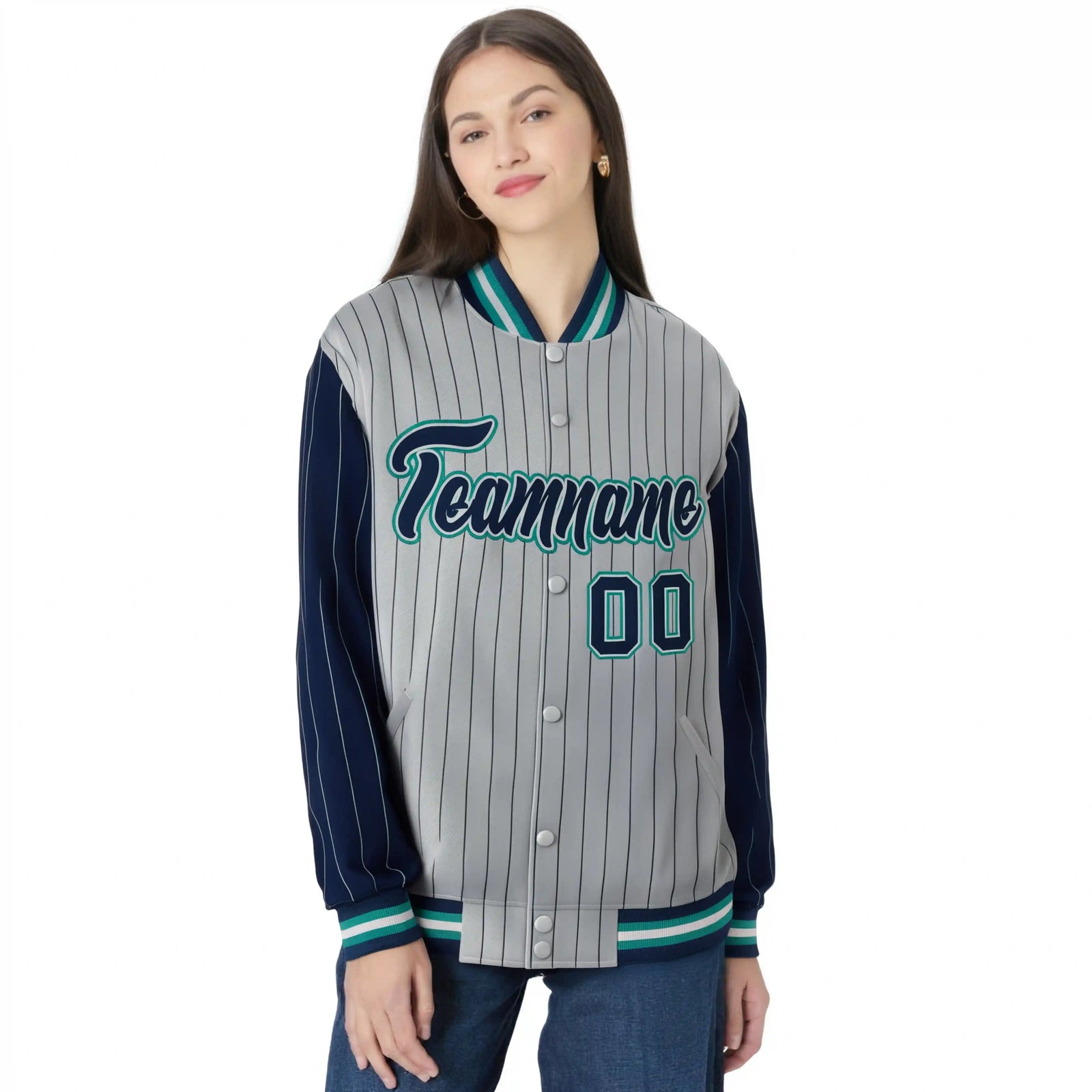 Custom Gray Navy Pinstripe Aqua-Navy Bomber Full-Snap Varsity Letterman Jacket