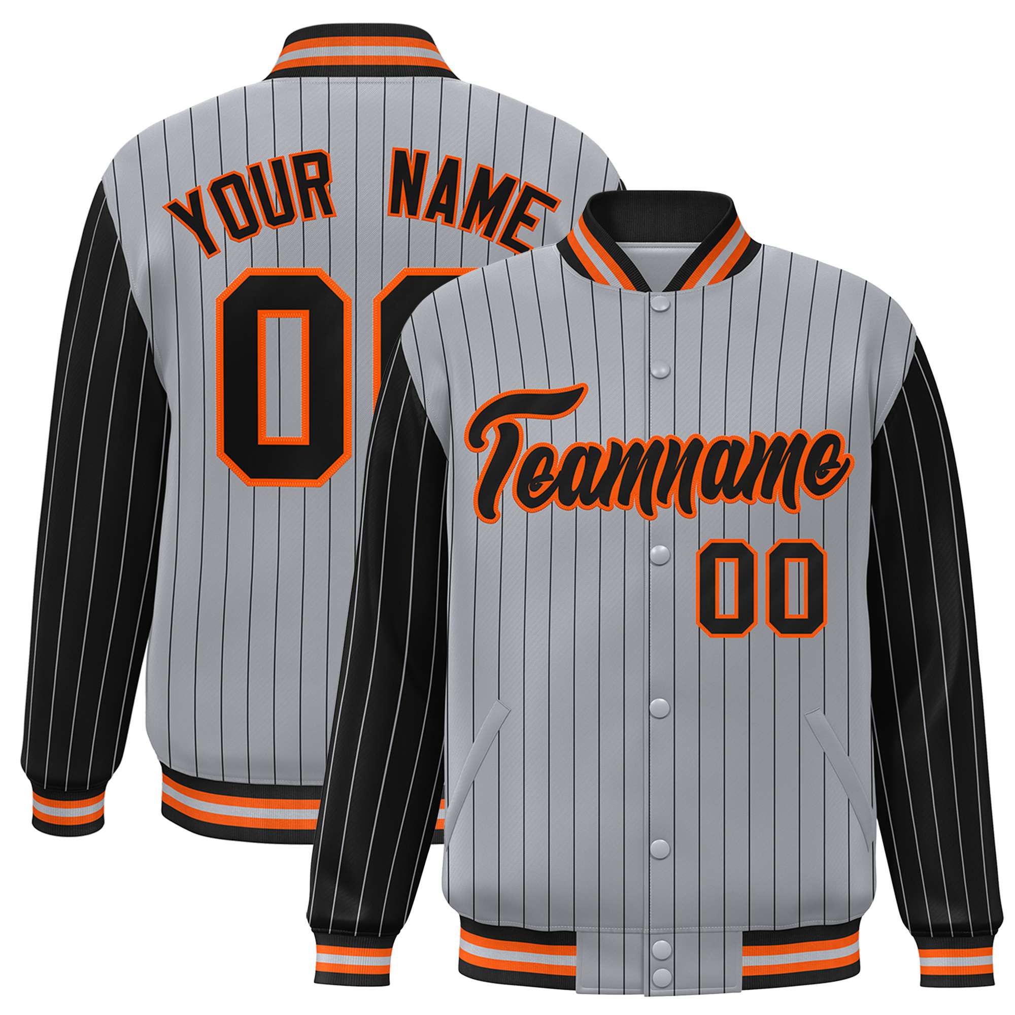 Custom Gray Black Pinstripe Orange-Black Bomber Full-Snap Varsity Letterman Jacket