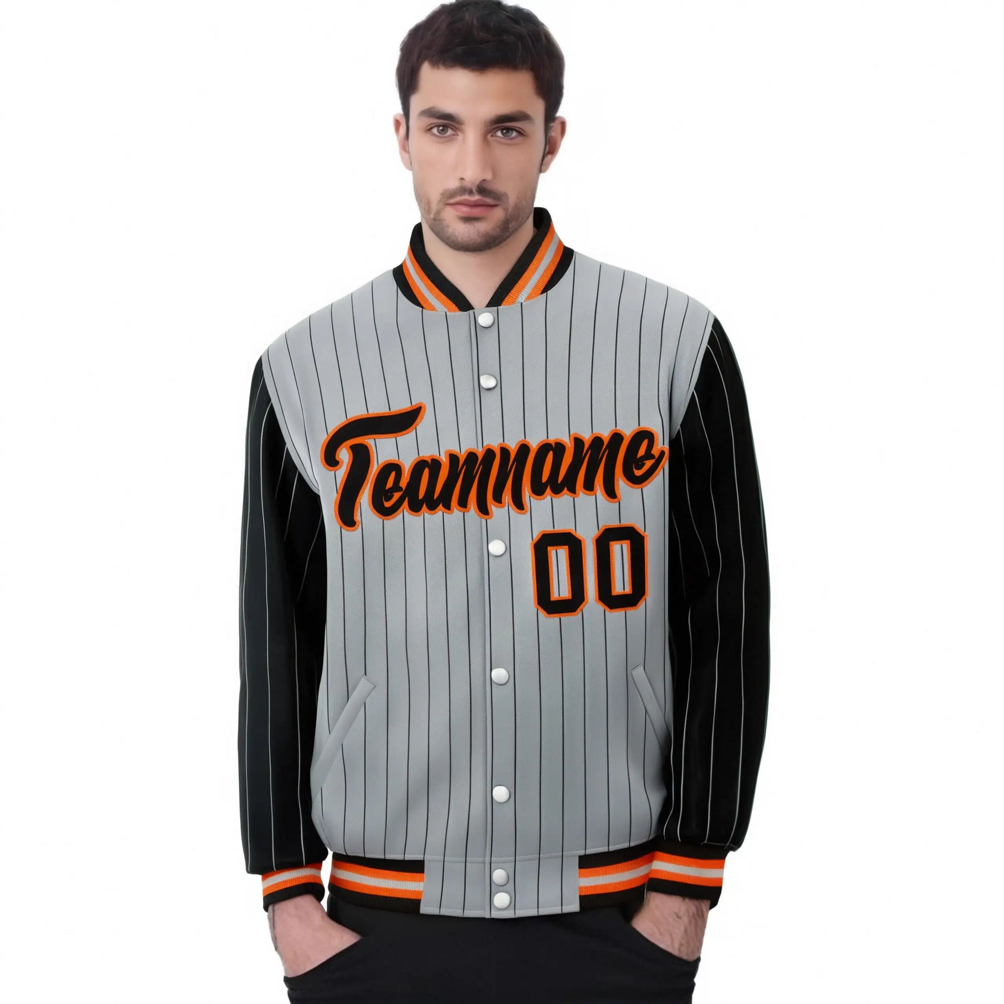 Custom Gray Black Pinstripe Orange-Black Bomber Full-Snap Varsity Letterman Jacket