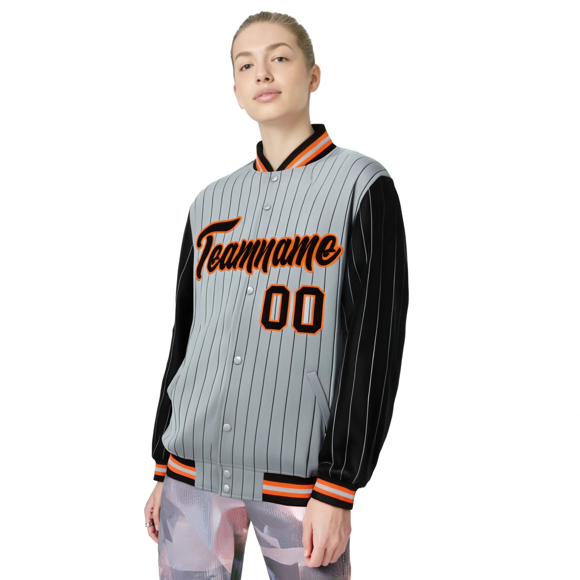 Custom Gray Black Pinstripe Orange-Black Bomber Full-Snap Varsity Letterman Jacket