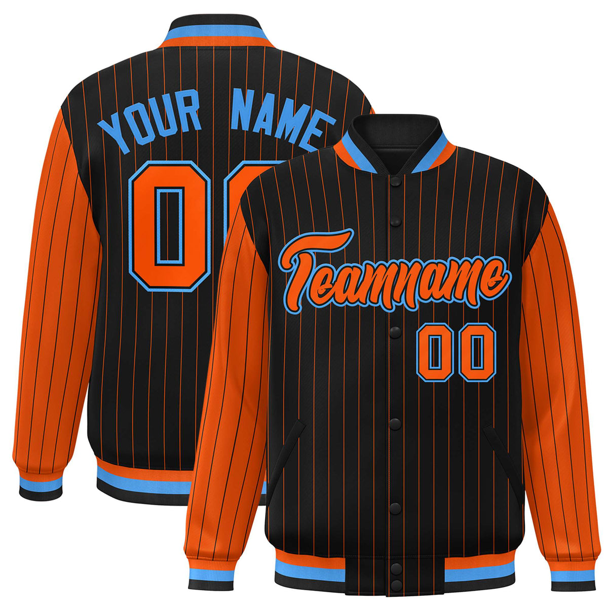 Custom Black Orange Pinstripe Powder-Blue Orange Bomber Full-Snap Varsity Letterman Jacket