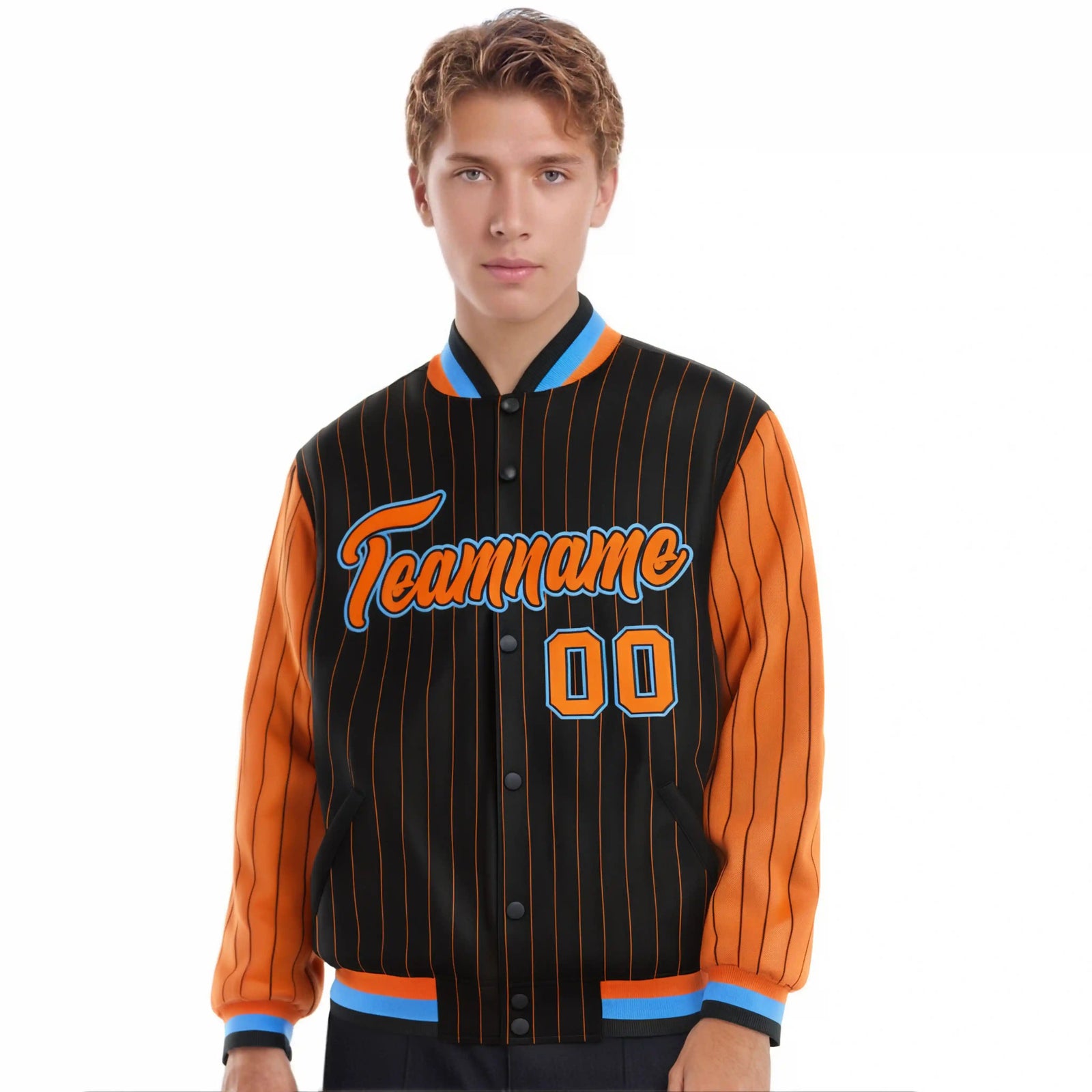 Custom Black Orange Pinstripe Powder-Blue Orange Bomber Full-Snap Varsity Letterman Jacket