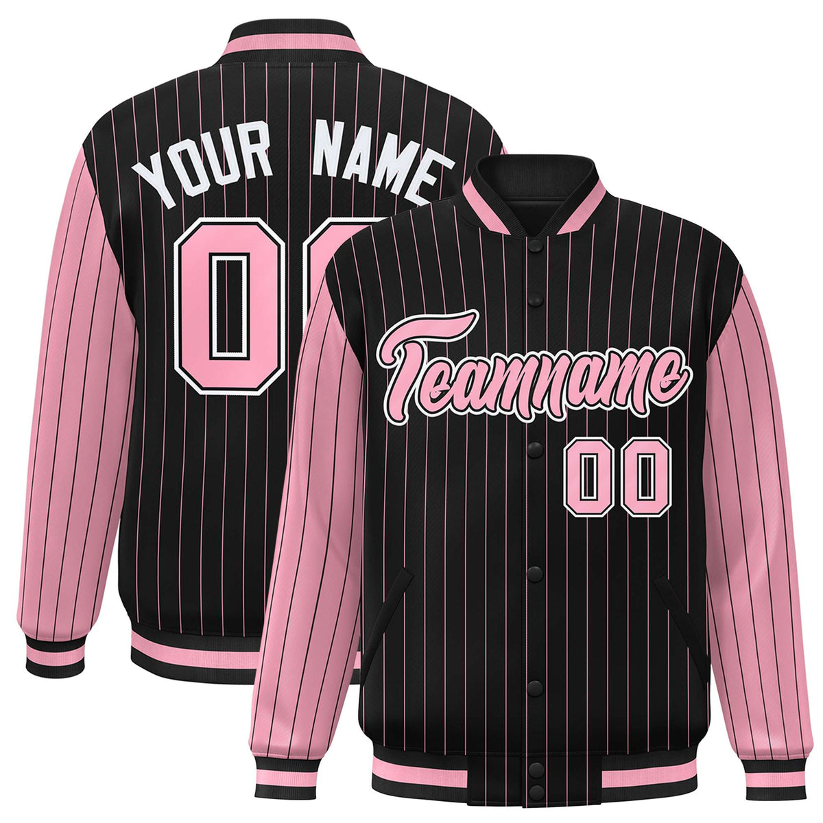 Custom Black Light-Pink Pinstripe White Light-Pink Bomber Full-Snap Varsity Letterman Jacket