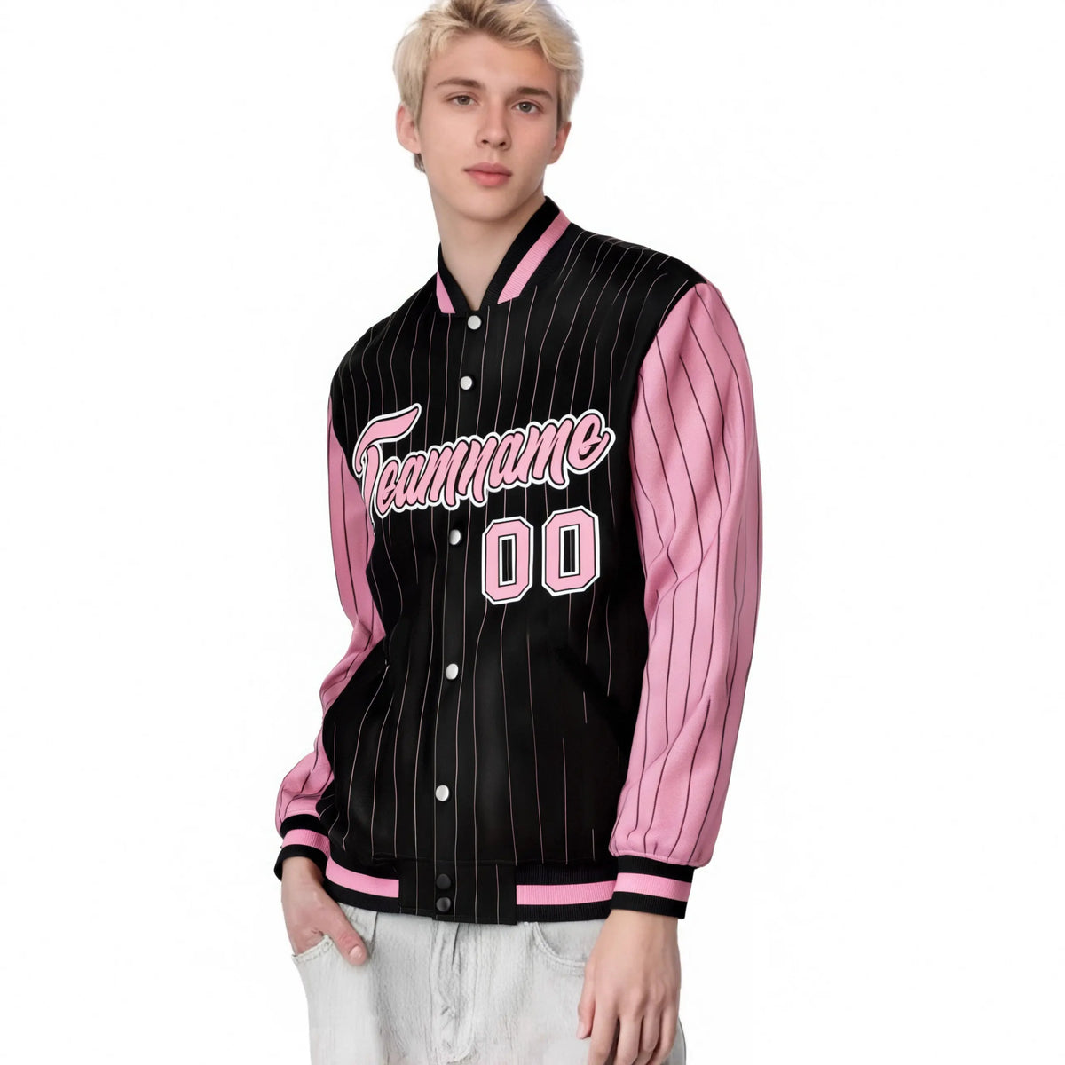 Custom Black Light-Pink Pinstripe White Light-Pink Bomber Full-Snap Varsity Letterman Jacket
