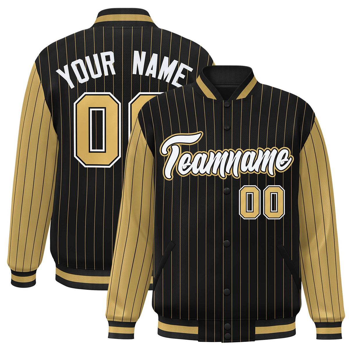 Custom Black Old-Gold Pinstripe Old-Gold White Bomber Full-Snap Varsity Letterman Jacket