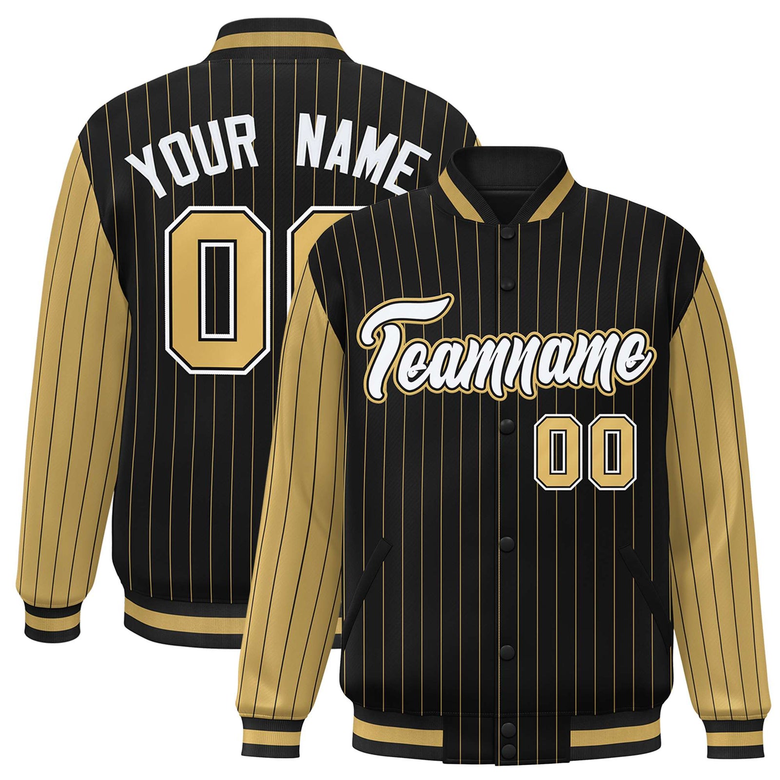 Custom Black Old-Gold Pinstripe Old-Gold White Bomber Full-Snap Varsity Letterman Jacket