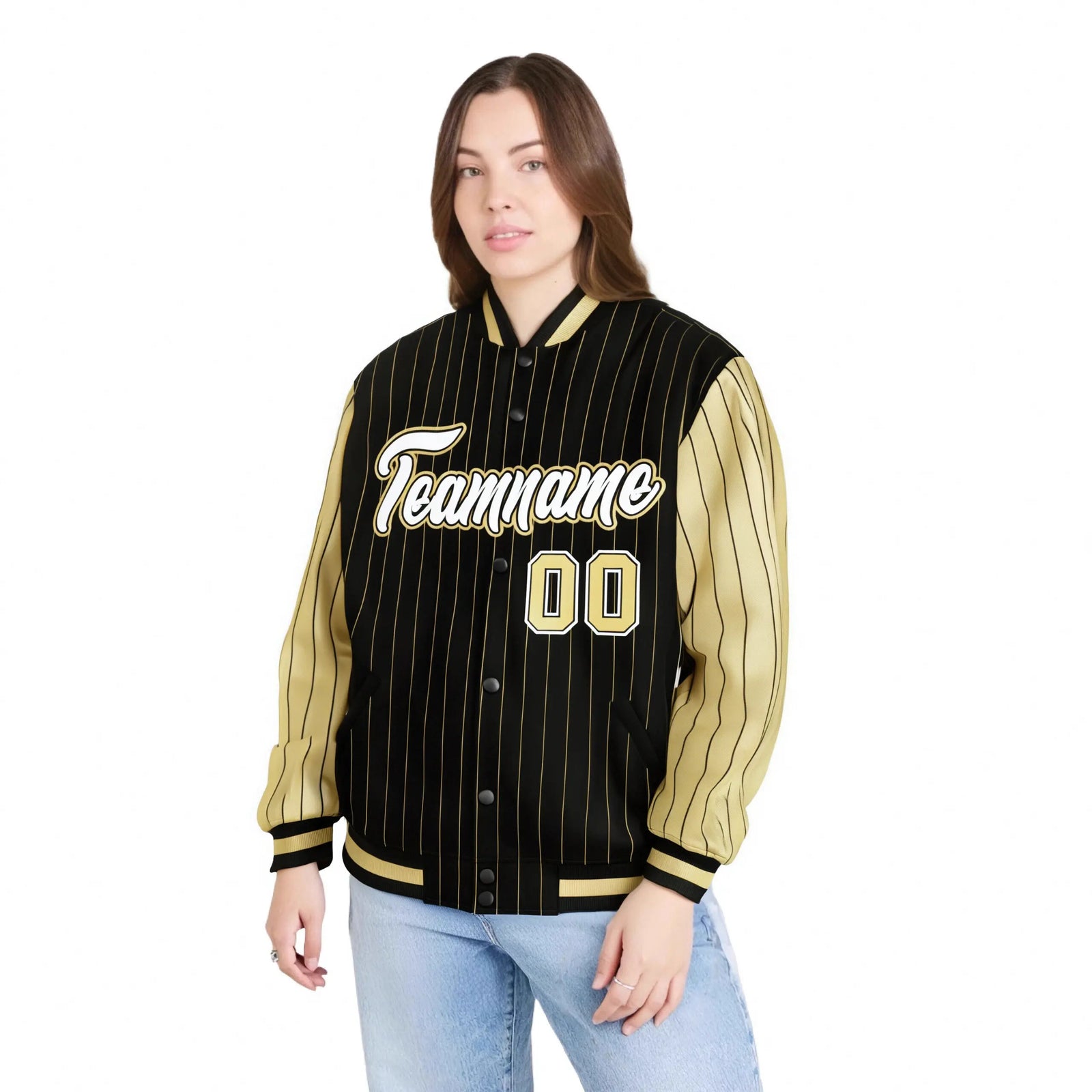 Custom Black Old-Gold Pinstripe Old-Gold White Bomber Full-Snap Varsity Letterman Jacket