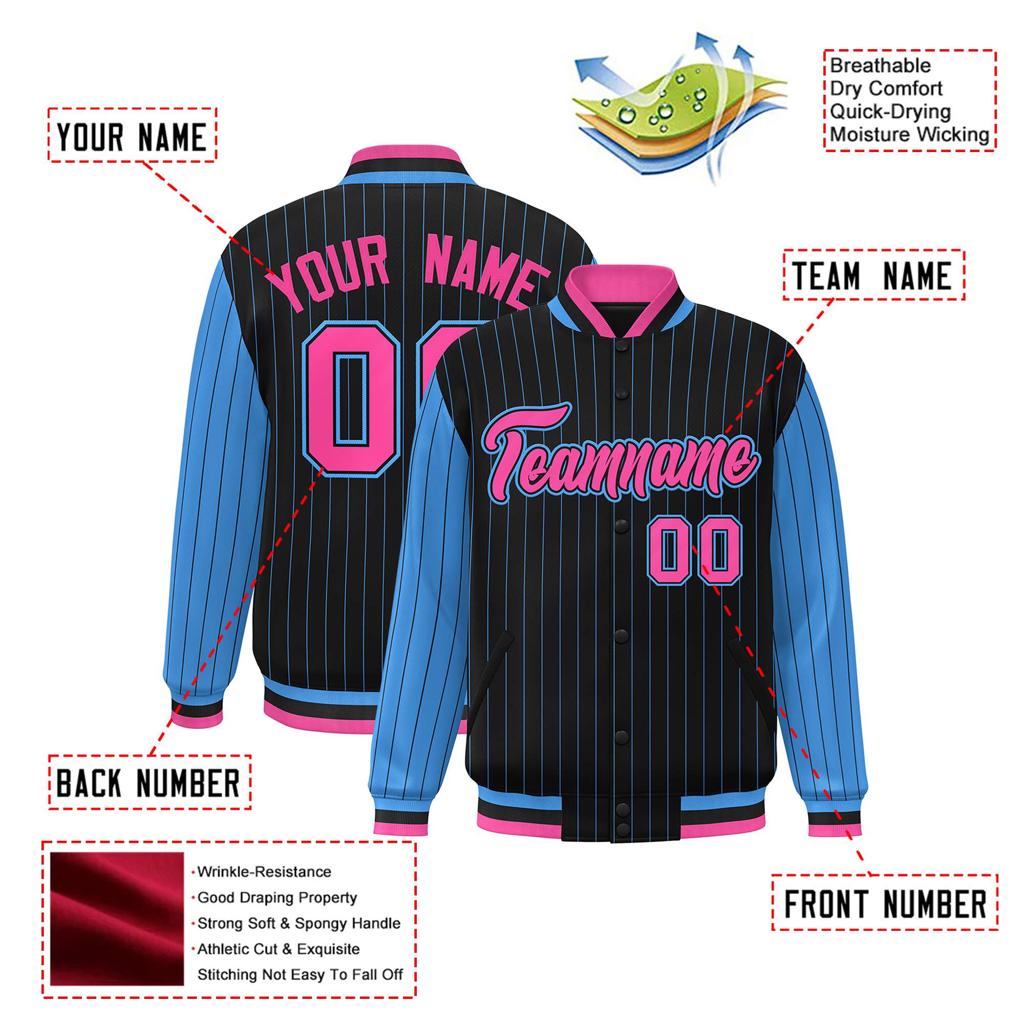 Custom Black Blue Pinstripe Blue-Pink Bomber Full-Snap Varsity Letterman Jacket