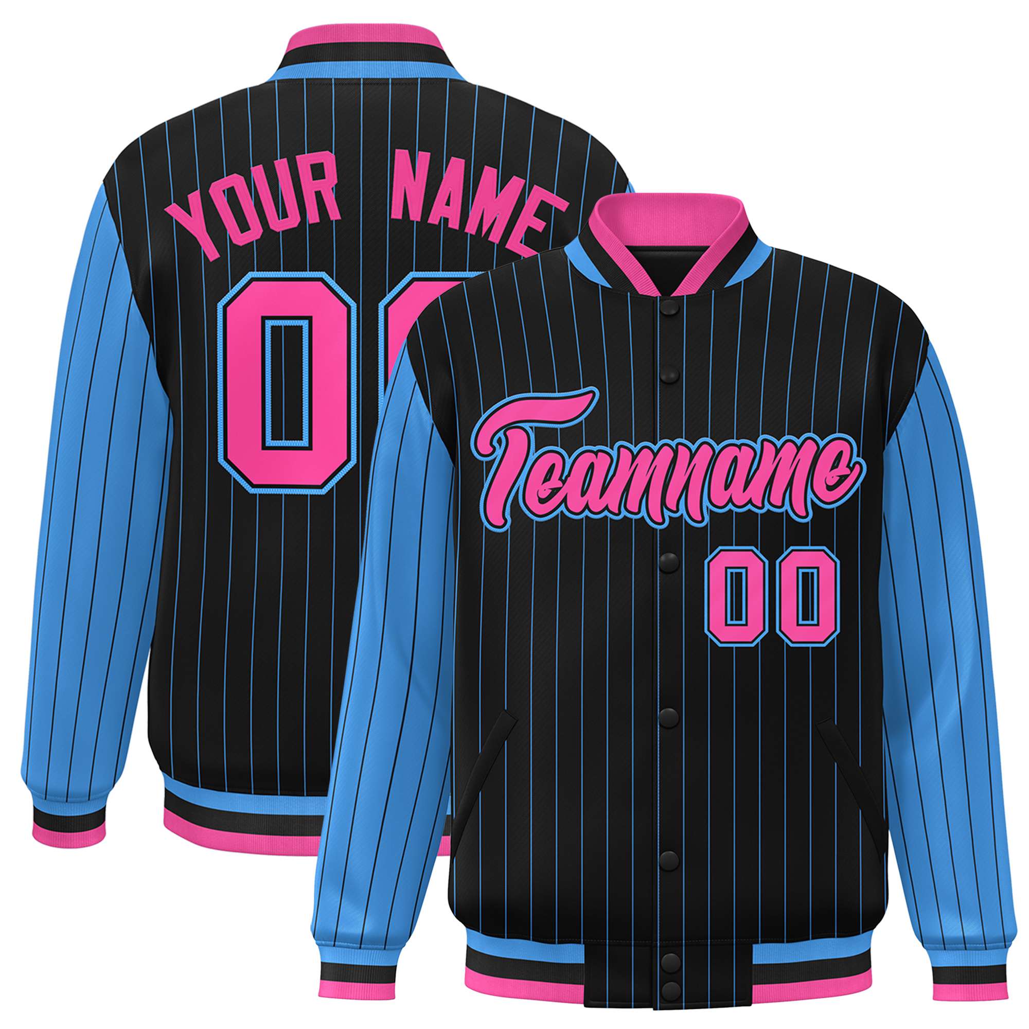 Custom Black Blue Pinstripe Blue-Pink Bomber Full-Snap Varsity Letterman Jacket