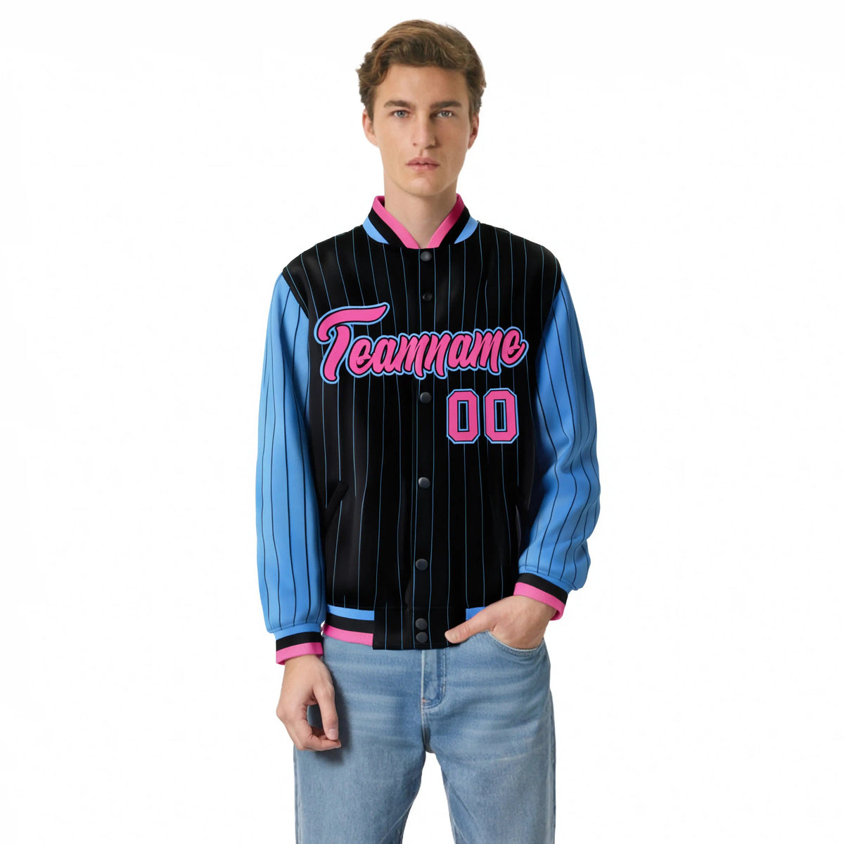 Custom Black Blue Pinstripe Blue-Pink Bomber Full-Snap Varsity Letterman Jacket