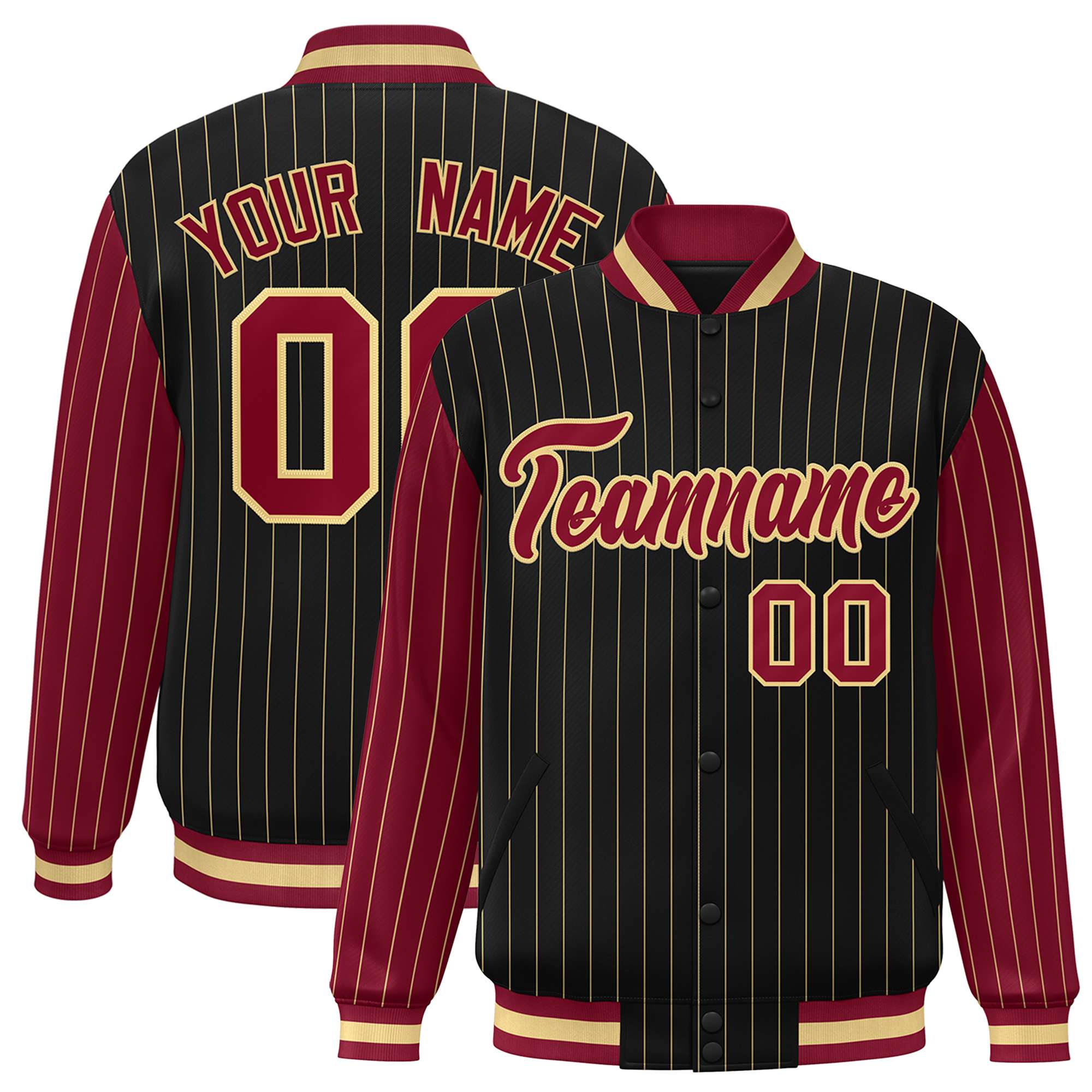 Custom Black Old-Gold Pinstripe Old-Gold Crimson Bomber Full-Snap Varsity Letterman Jacket