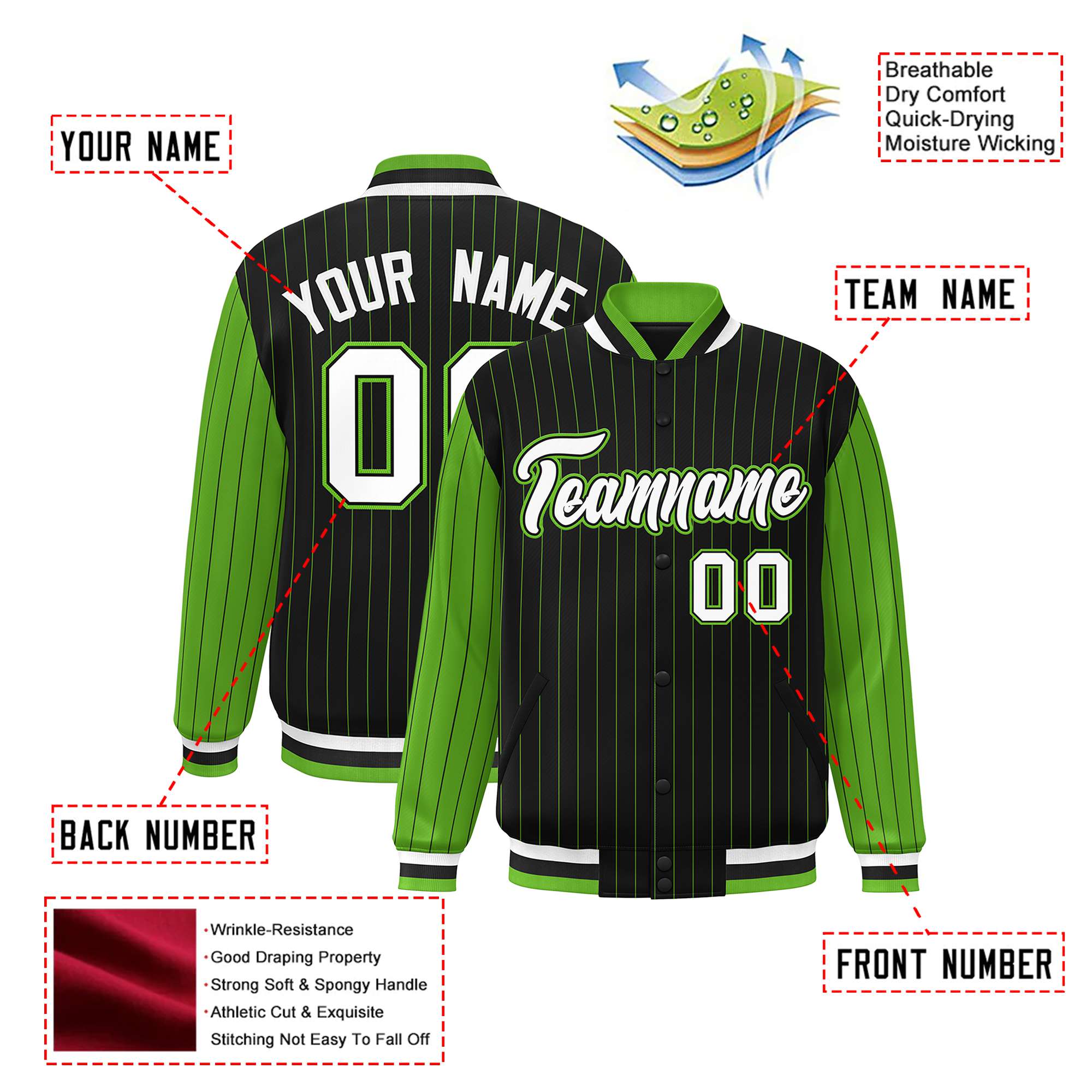 Custom Black Neon-Green Pinstripe Neon-Green White Bomber Full-Snap Varsity Letterman Jacket