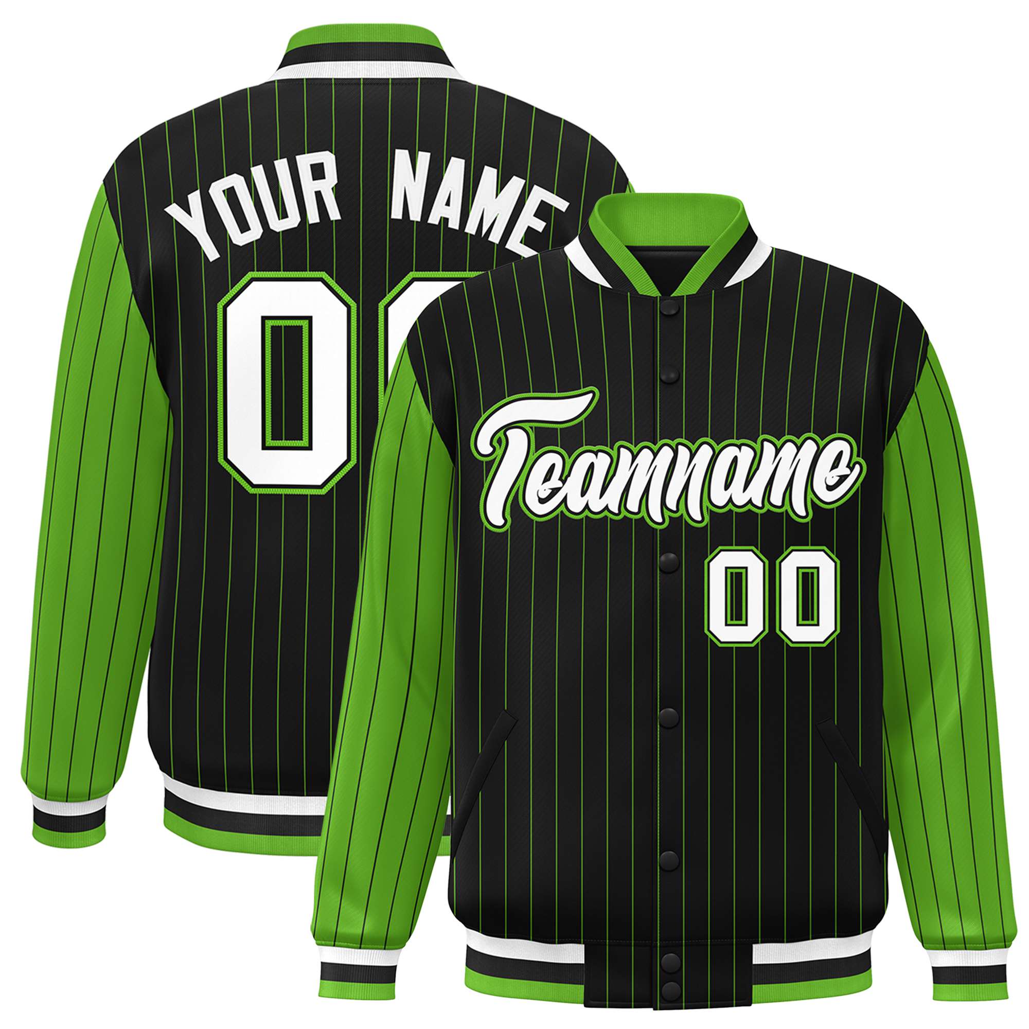 Custom Black Neon-Green Pinstripe Neon-Green White Bomber Full-Snap Varsity Letterman Jacket