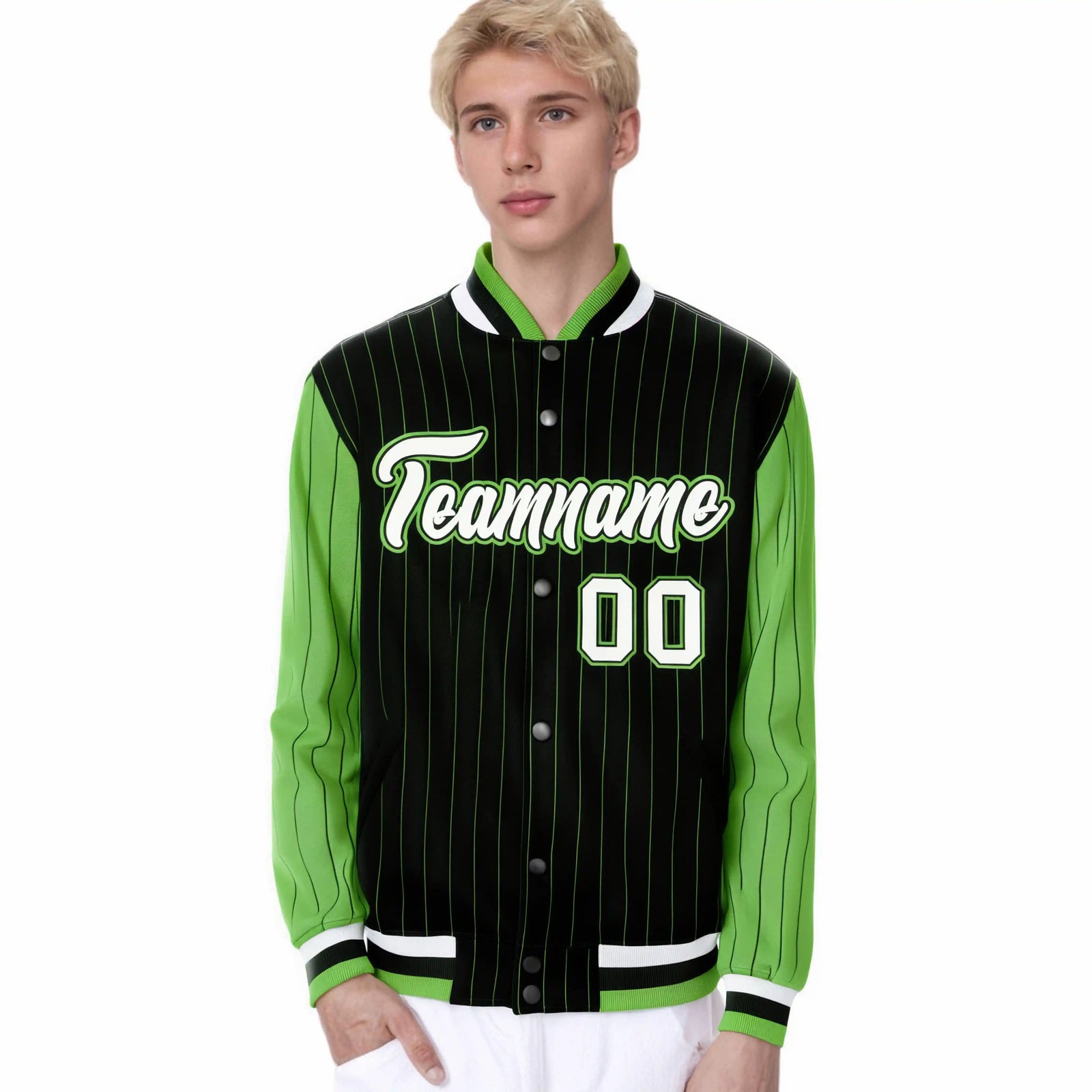 Custom Black Neon-Green Pinstripe Neon-Green White Bomber Full-Snap Varsity Letterman Jacket