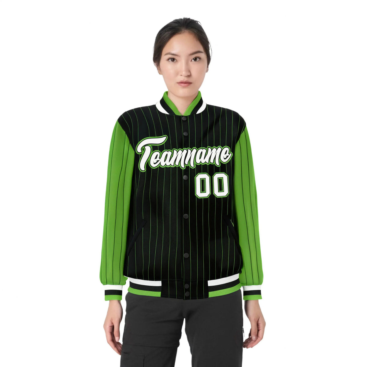 Custom Black Neon-Green Pinstripe Neon-Green White Bomber Full-Snap Varsity Letterman Jacket