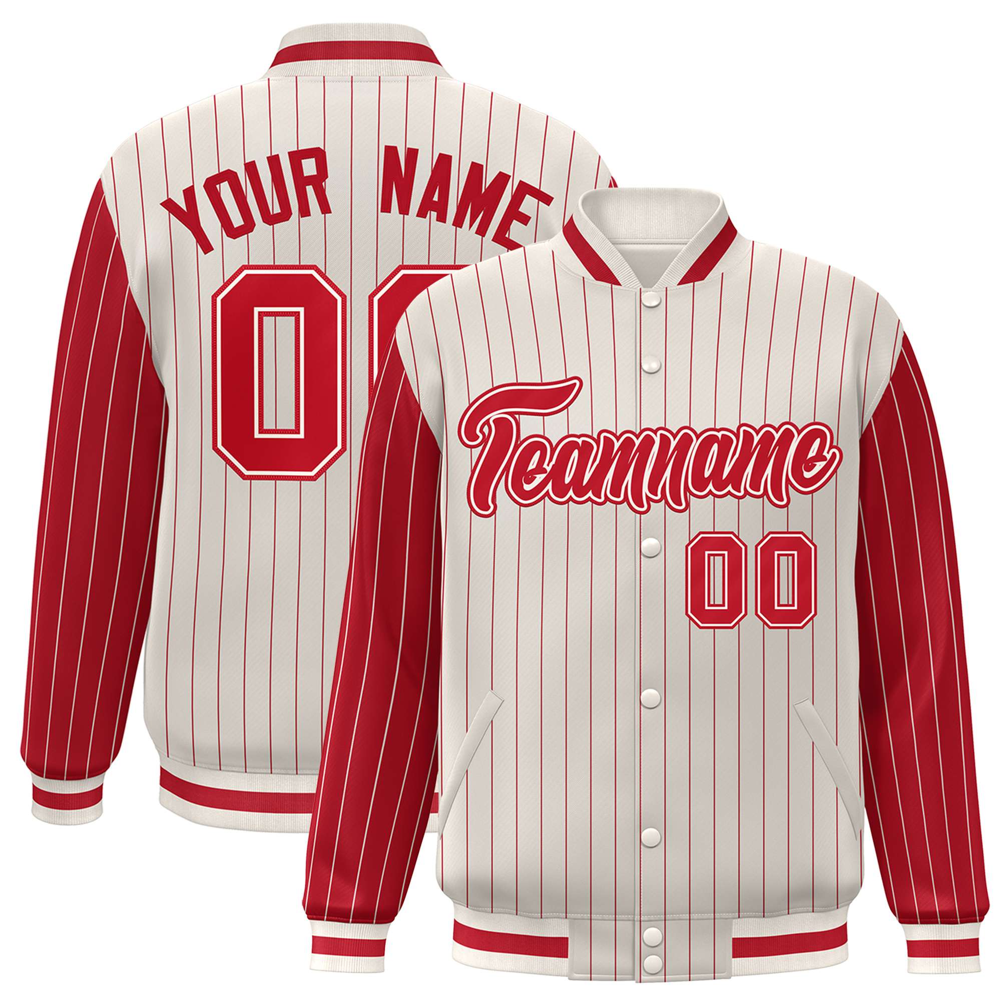 Custom Cream Red Pinstripe Cream-Red Bomber Full-Snap Varsity Letterman Jacket