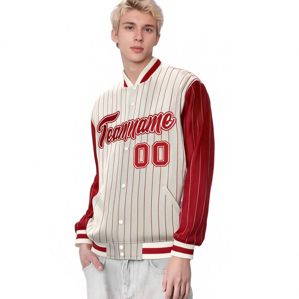 Custom Cream Red Pinstripe Cream-Red Bomber Full-Snap Varsity Letterman Jacket