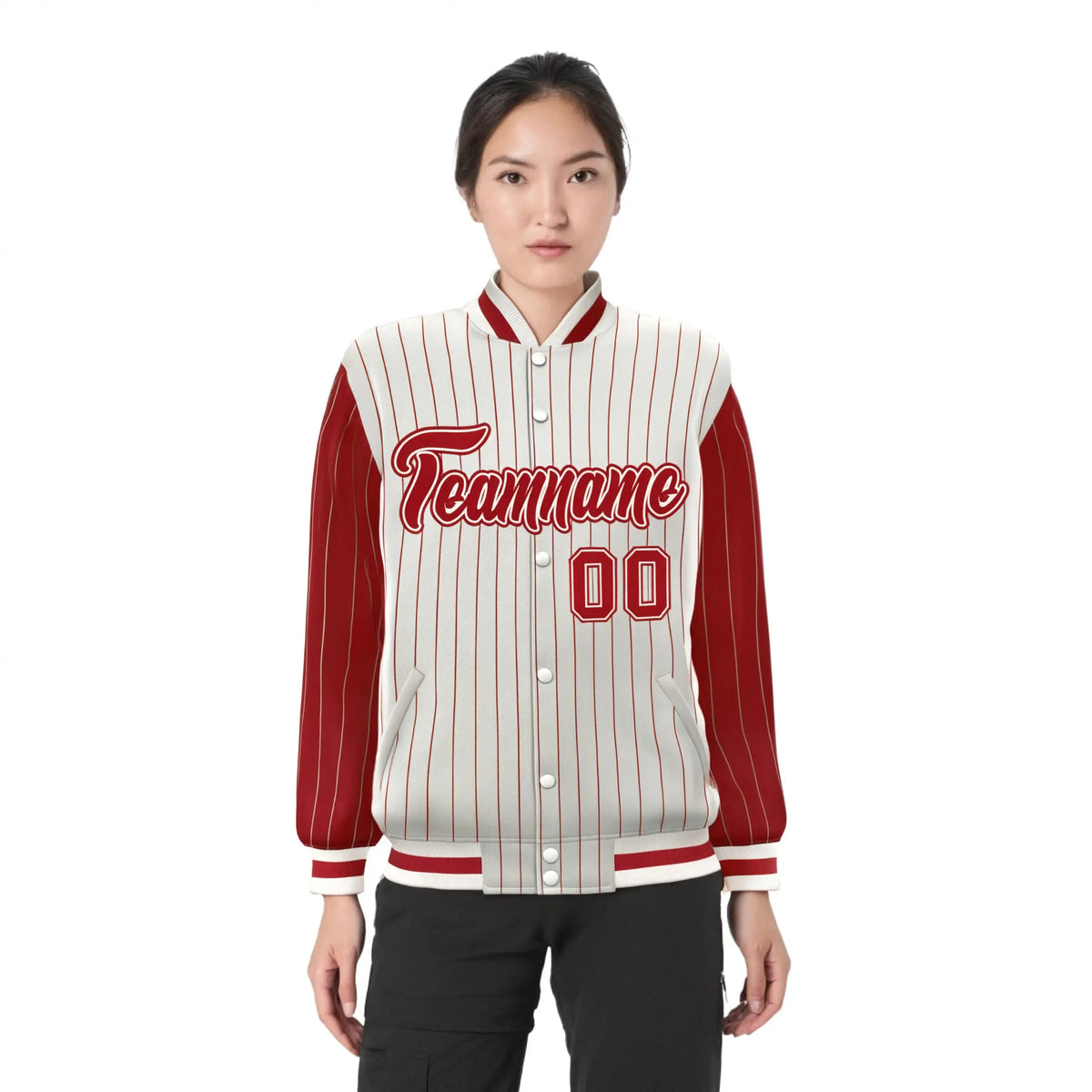 Custom Cream Red Pinstripe Cream-Red Bomber Full-Snap Varsity Letterman Jacket