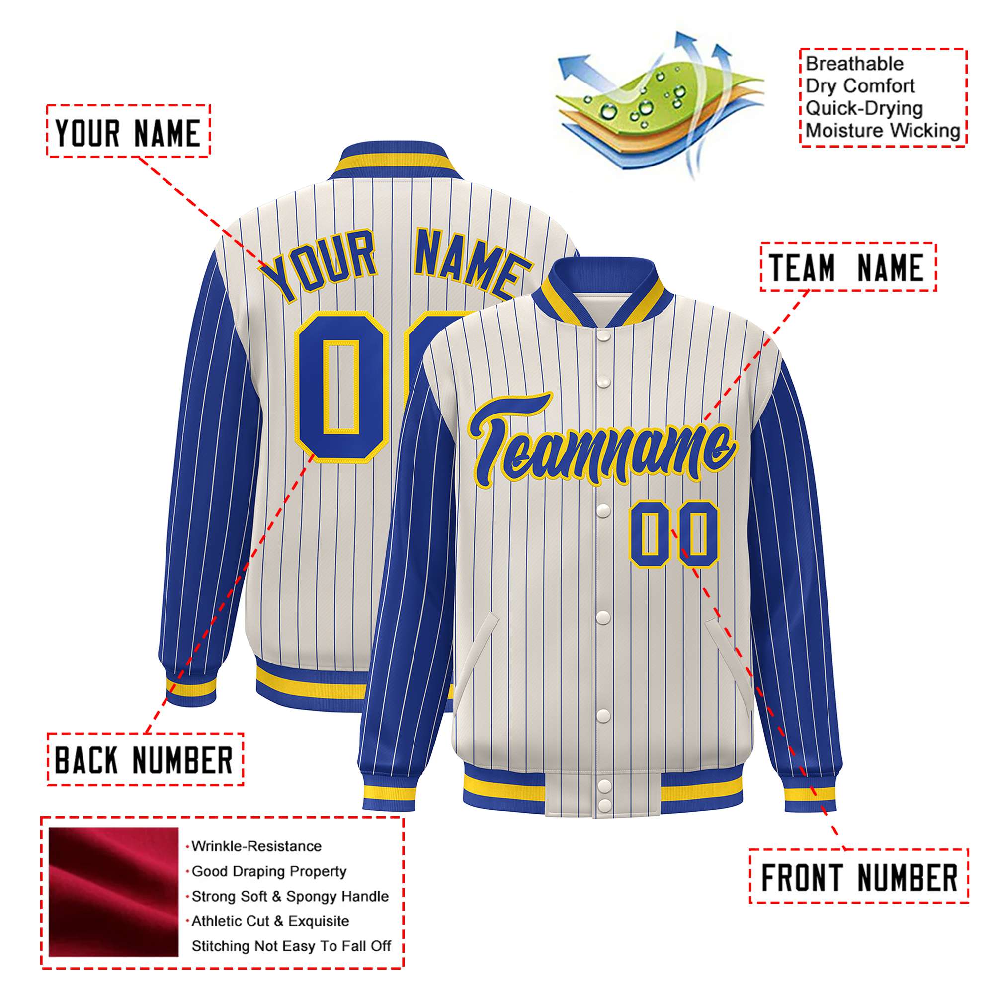 Custom Cream Royal-Blue Pinstripe Gold Royal-Blue Bomber Full-Snap Varsity Letterman Jacket