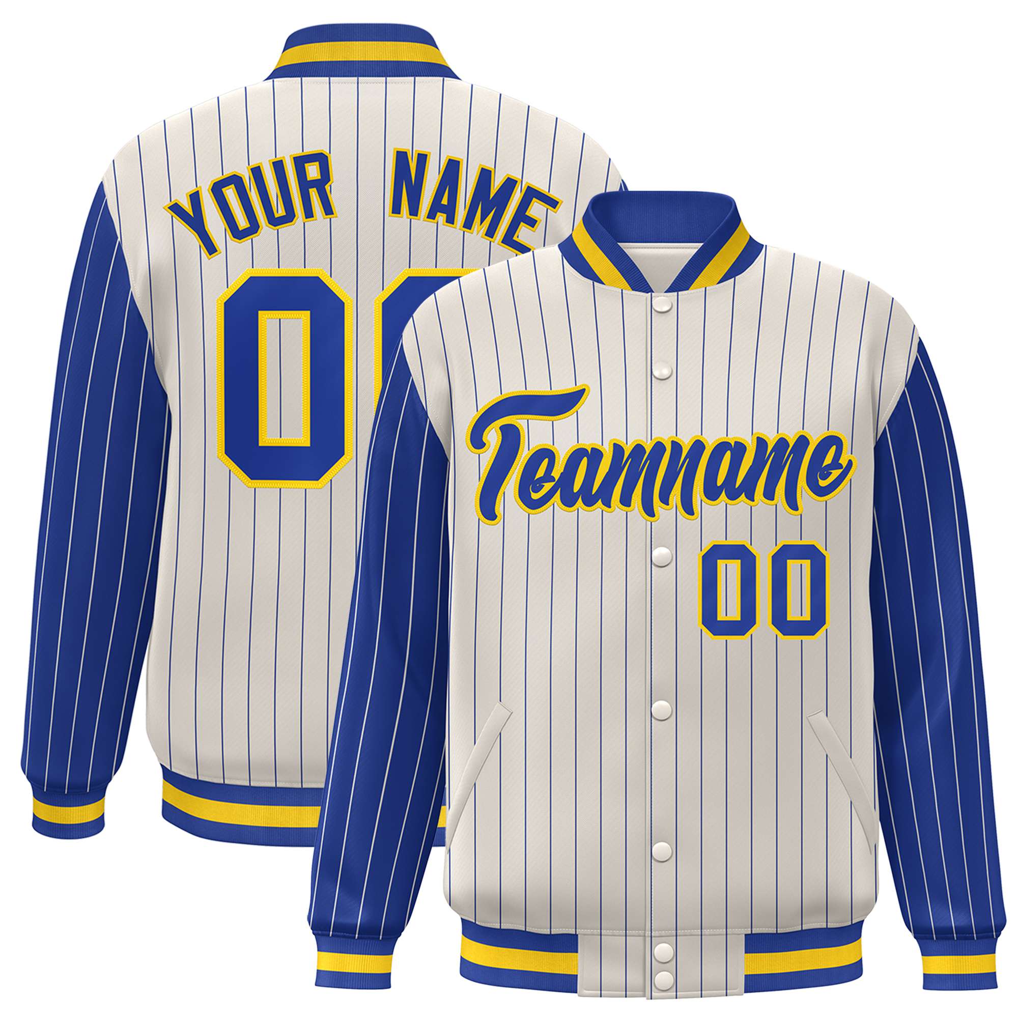 Custom Cream Royal-Blue Pinstripe Gold Royal-Blue Bomber Full-Snap Varsity Letterman Jacket