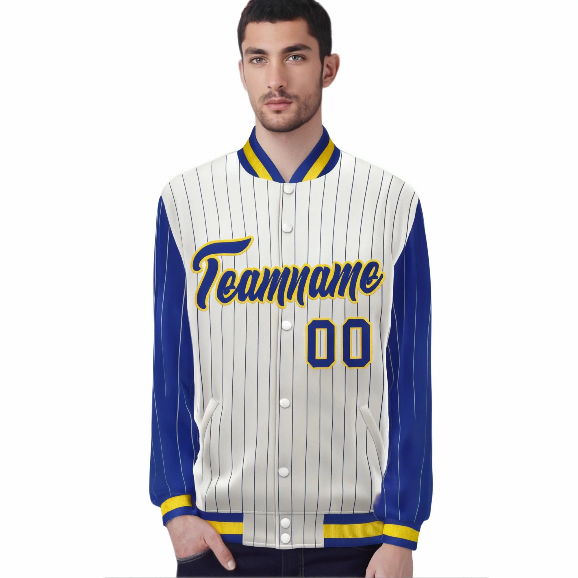 Custom Cream Royal-Blue Pinstripe Gold Royal-Blue Bomber Full-Snap Varsity Letterman Jacket