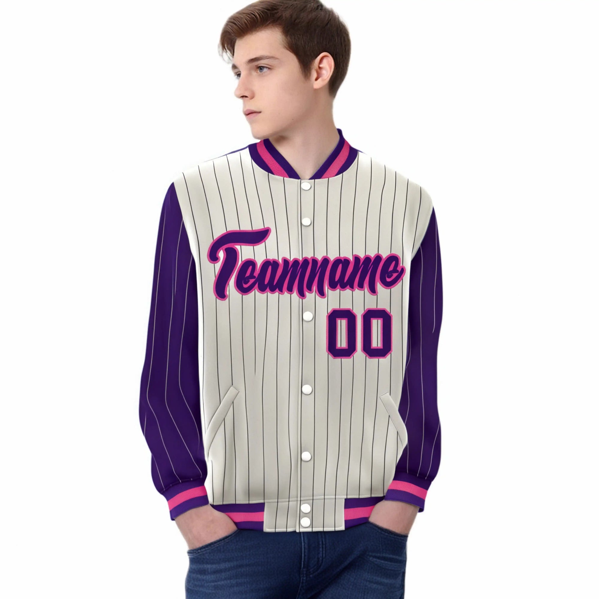 Custom Cream Purple Pinstripe Purple-Pink Bomber Full-Snap Varsity Letterman Jacket