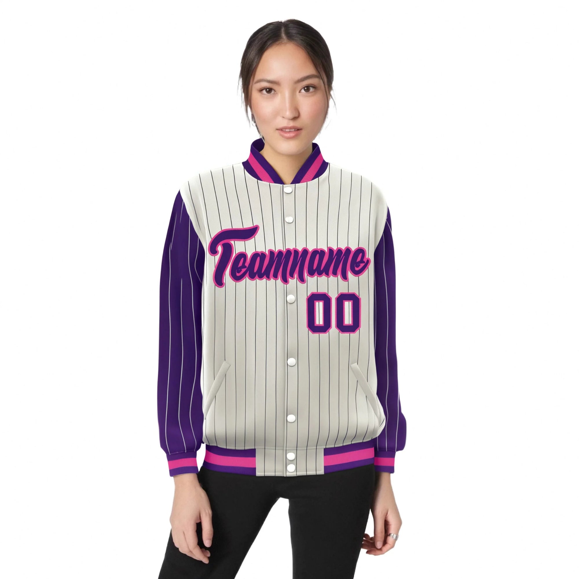 Custom Cream Purple Pinstripe Purple-Pink Bomber Full-Snap Varsity Letterman Jacket