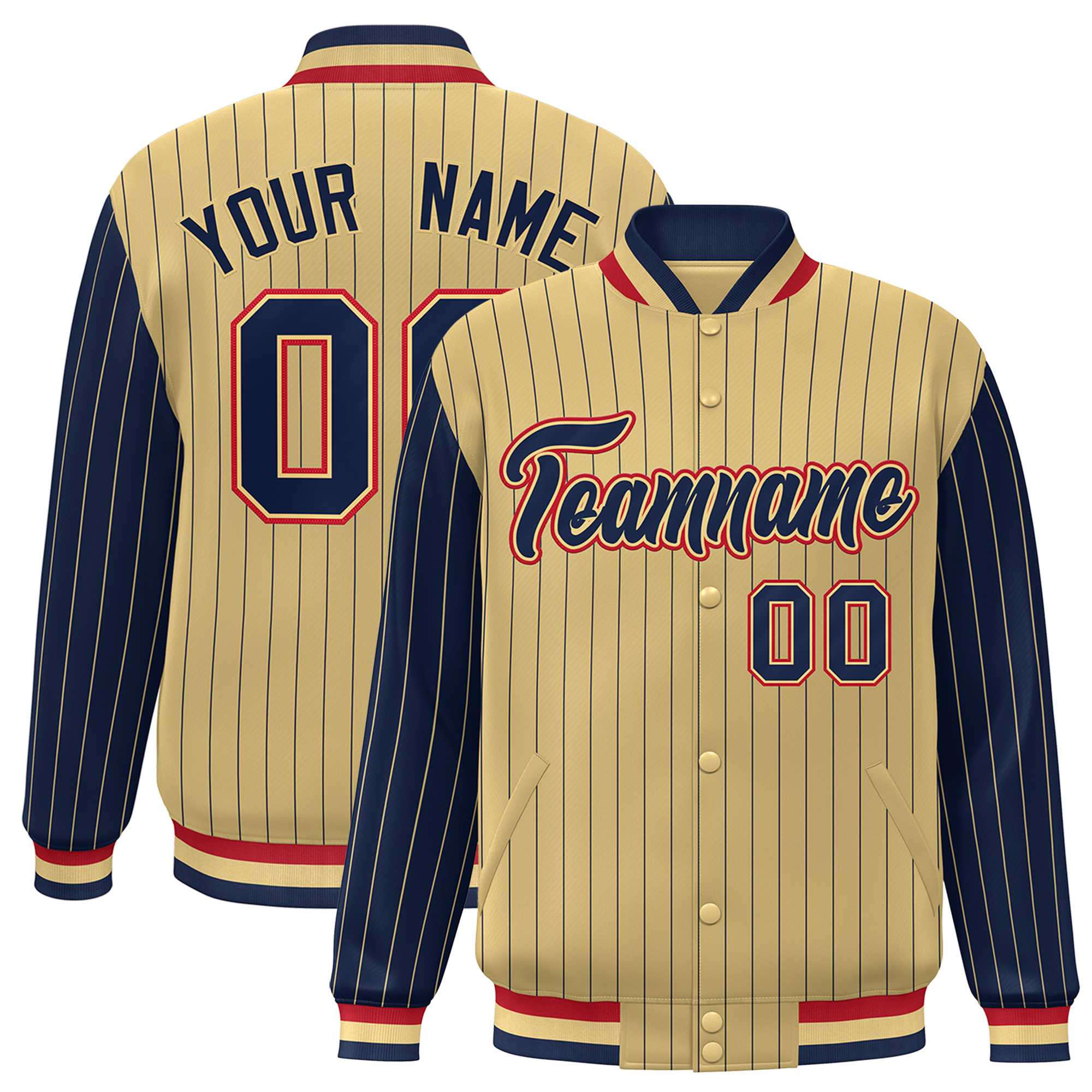 Custom Old Gold Navy Pinstripe Red-Navy Bomber Full-Snap Varsity Letterman Jacket