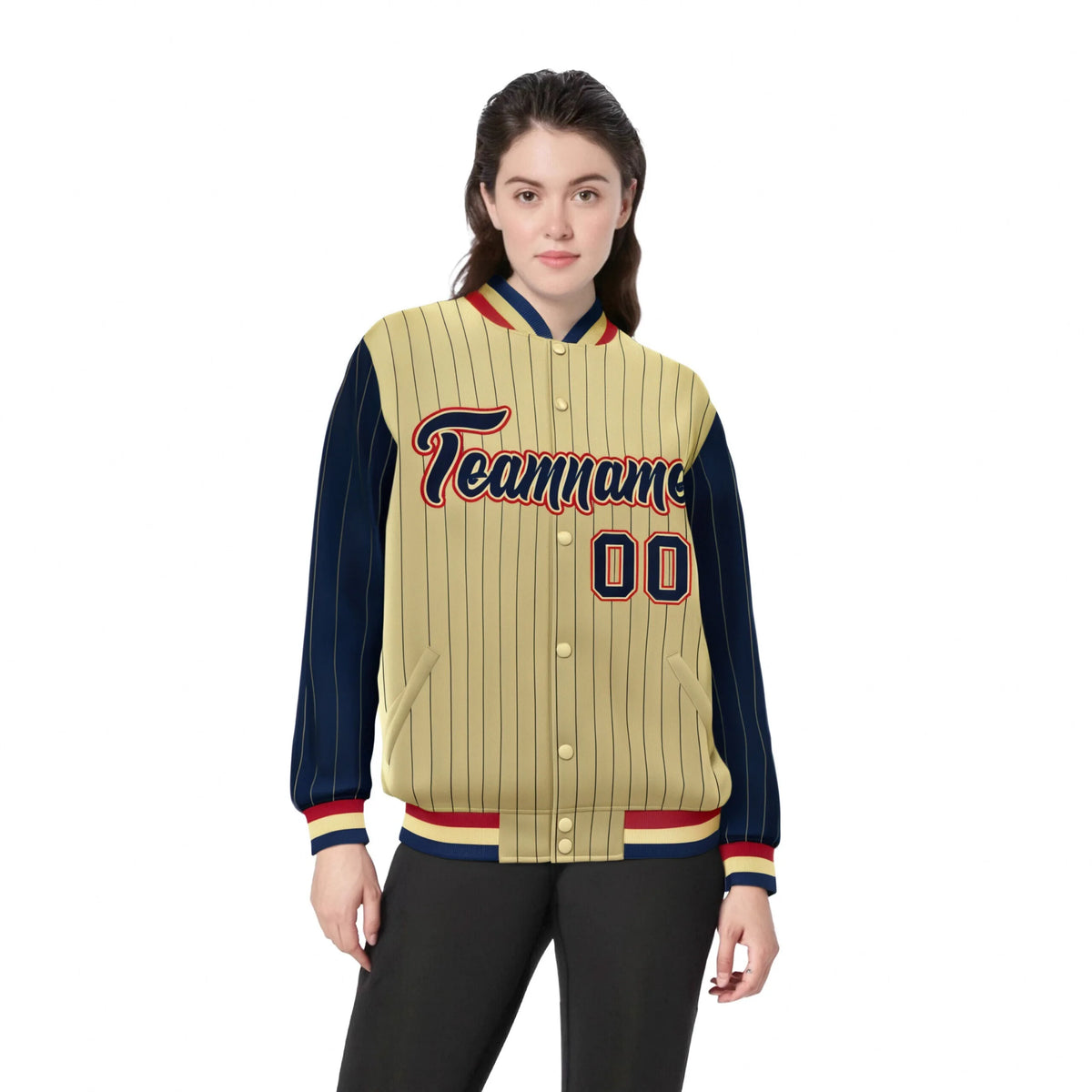 Custom Old Gold Navy Pinstripe Red-Navy Bomber Full-Snap Varsity Letterman Jacket