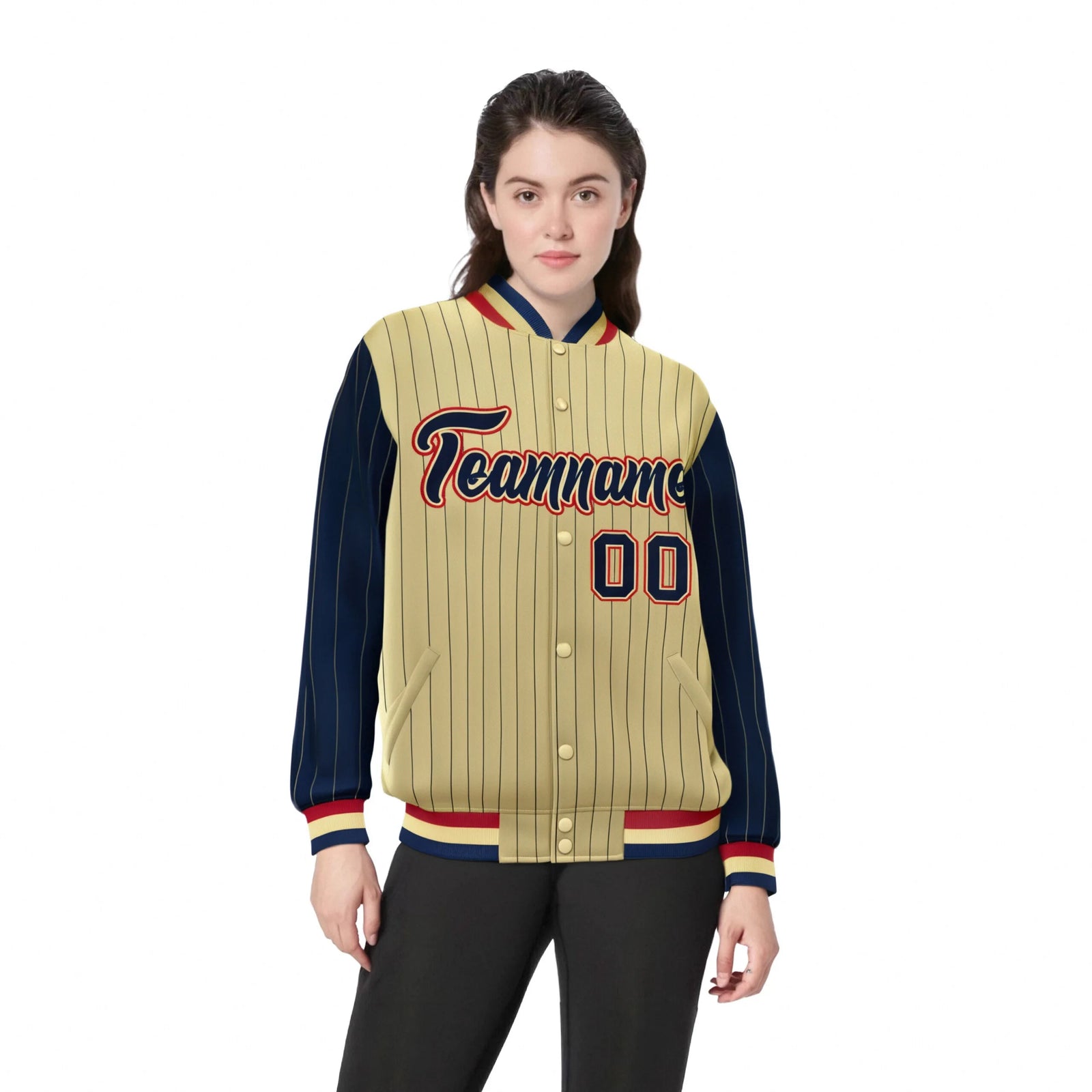 Custom Old Gold Navy Pinstripe Red-Navy Bomber Full-Snap Varsity Letterman Jacket