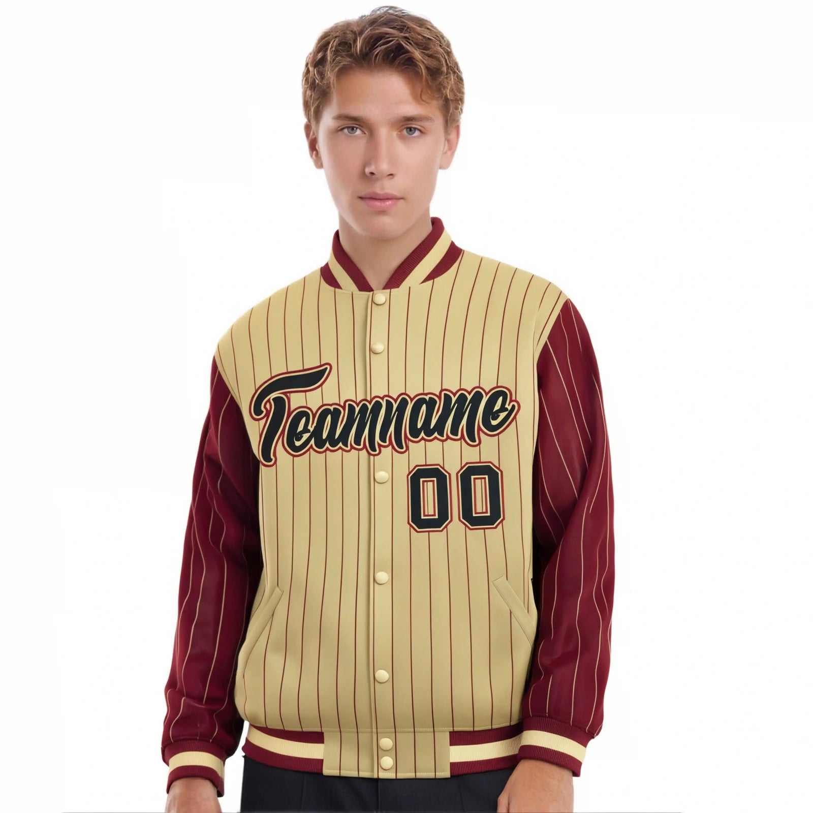 Custom Old Gold Crimson Pinstripe Crimson-Black Bomber Full-Snap Varsity Letterman Jacket