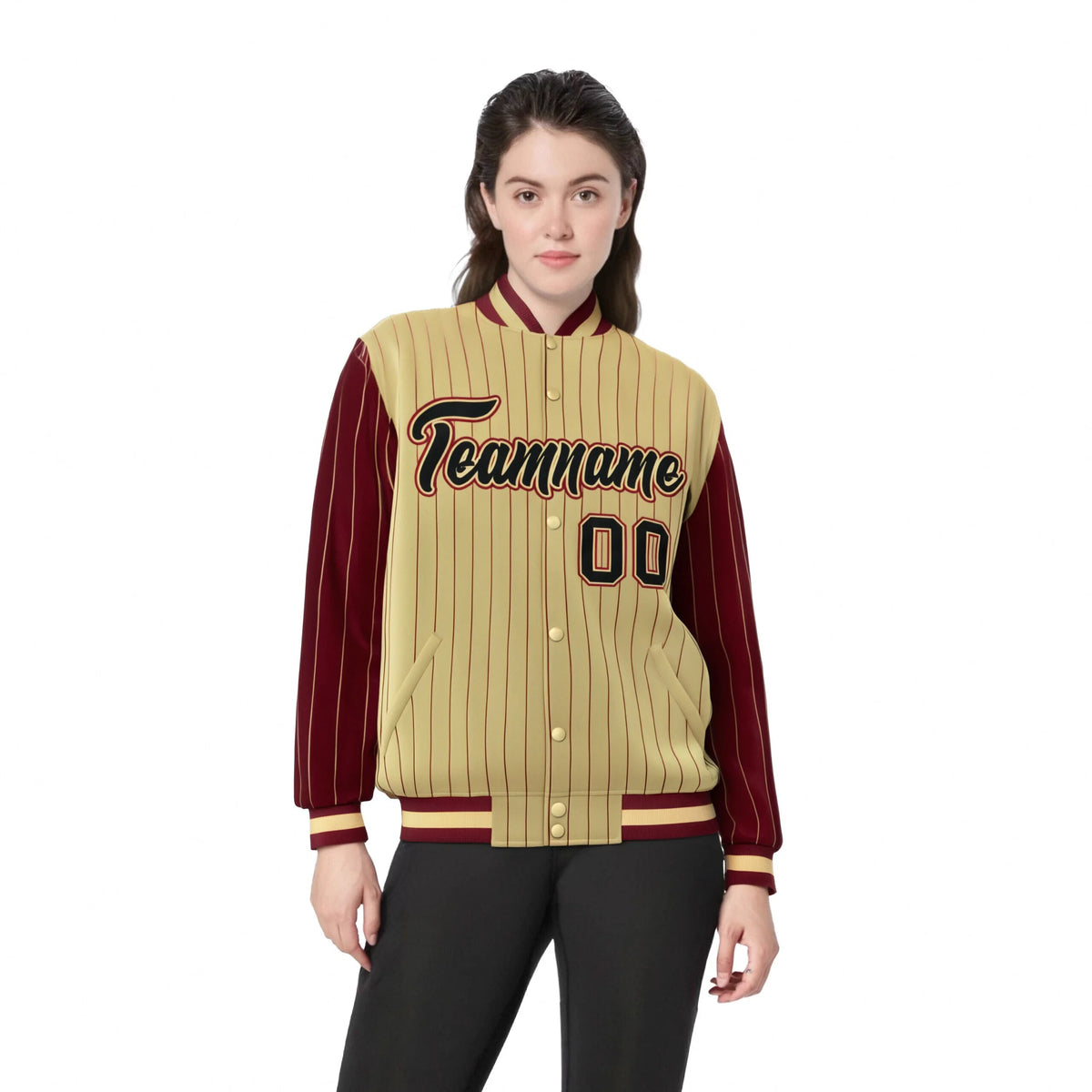 Custom Old Gold Crimson Pinstripe Crimson-Black Bomber Full-Snap Varsity Letterman Jacket