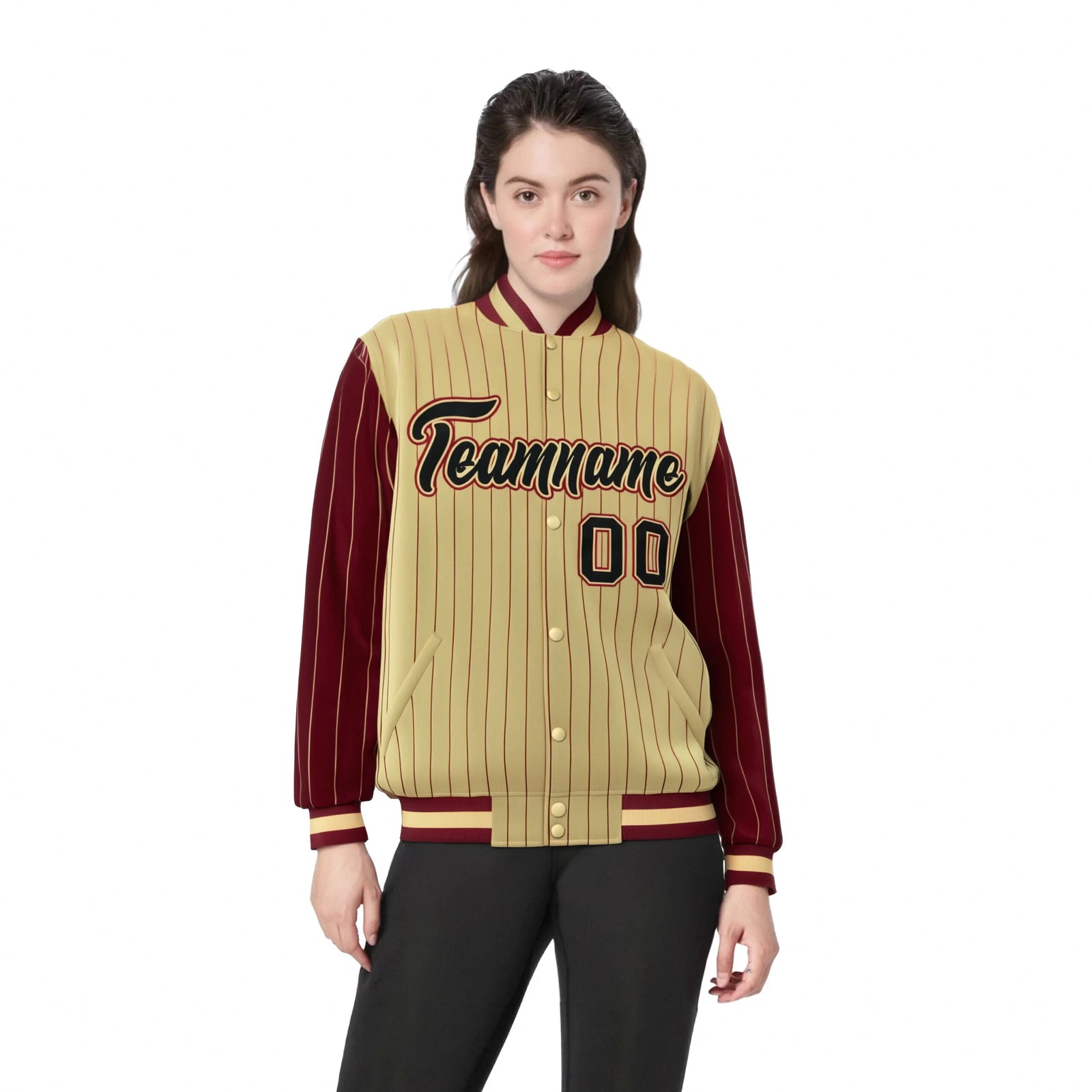 Custom Old Gold Crimson Pinstripe Crimson-Black Bomber Full-Snap Varsity Letterman Jacket