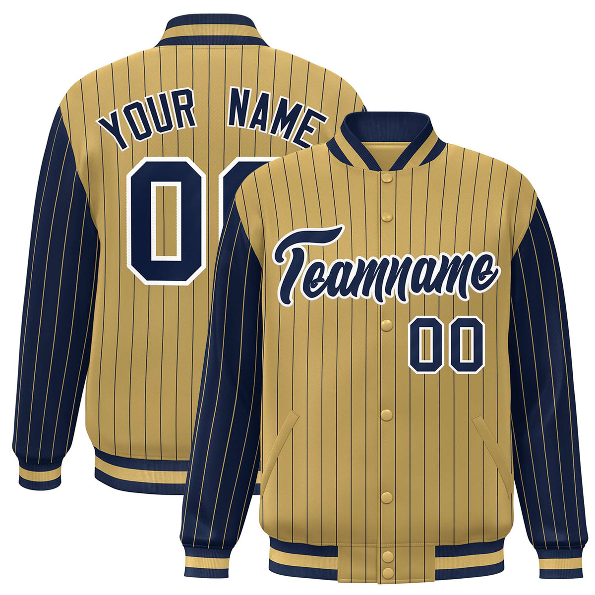 Custom Old Gold Navy Pinstripe White-Navy Bomber Full-Snap Varsity Letterman Jacket