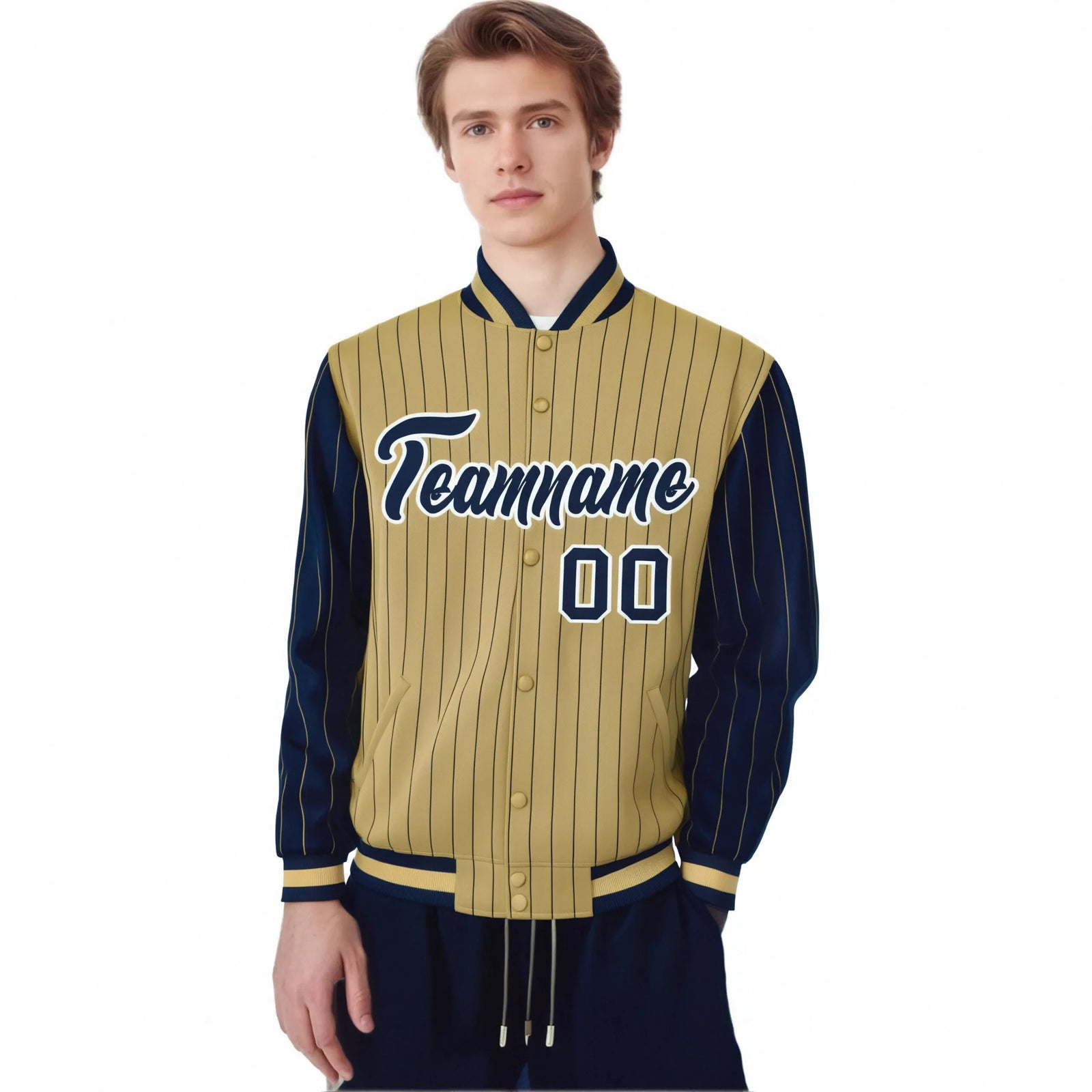 Custom Old Gold Navy Pinstripe White-Navy Bomber Full-Snap Varsity Letterman Jacket