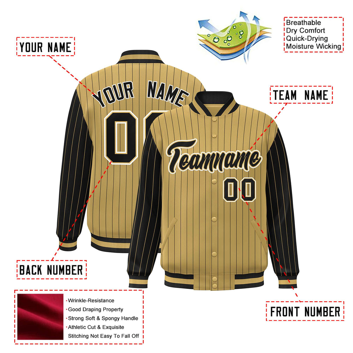 Custom Old Gold Black Pinstripe White-Black Bomber Full-Snap Varsity Letterman Jacket