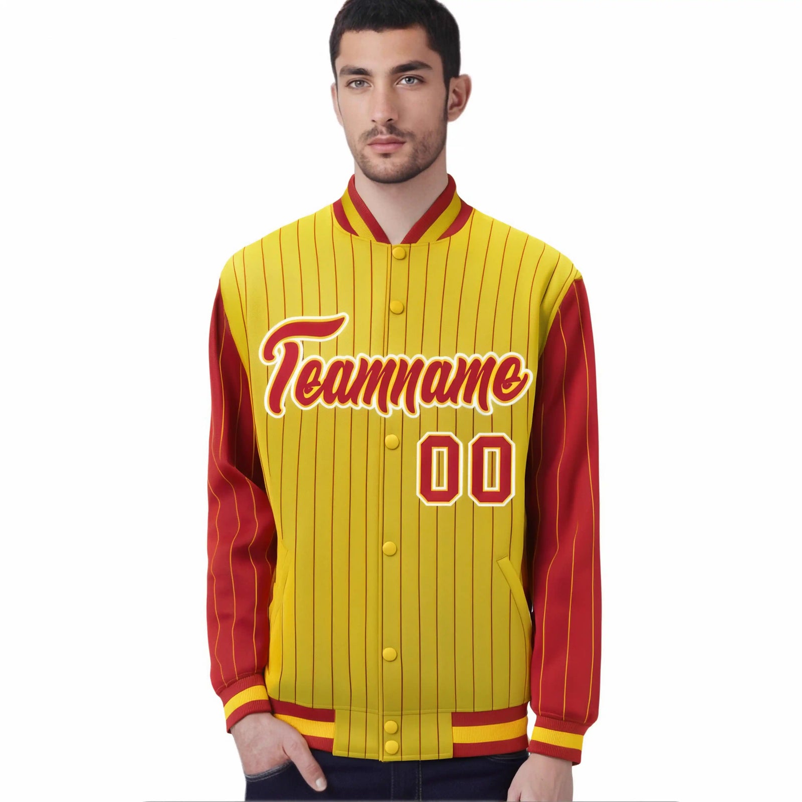 Custom Gold Red Pinstripe White-Red Bomber Full-Snap Varsity Letterman Jacket