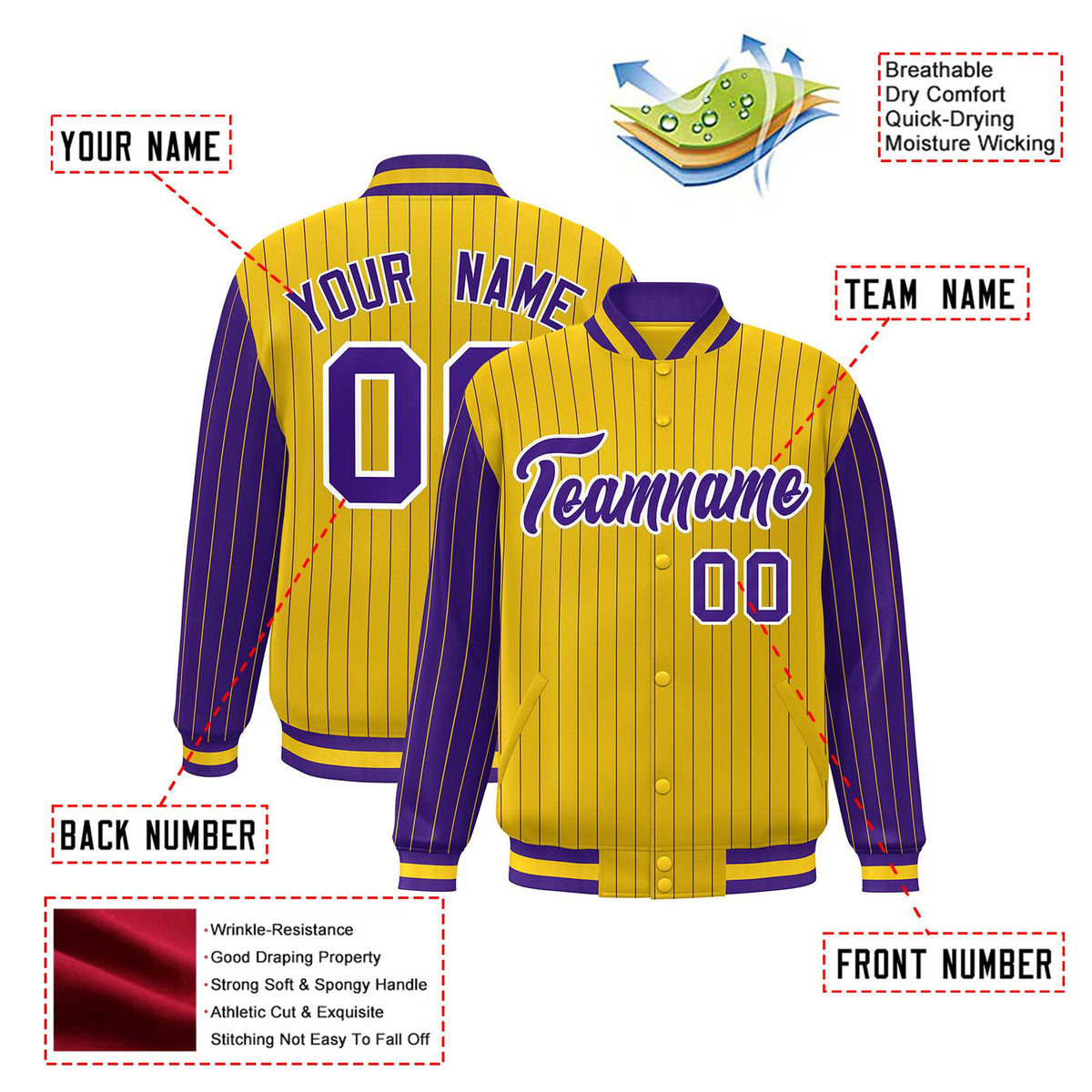 Custom Gold Purple Pinstripe White-Purple Bomber Full-Snap Varsity Letterman Jacket