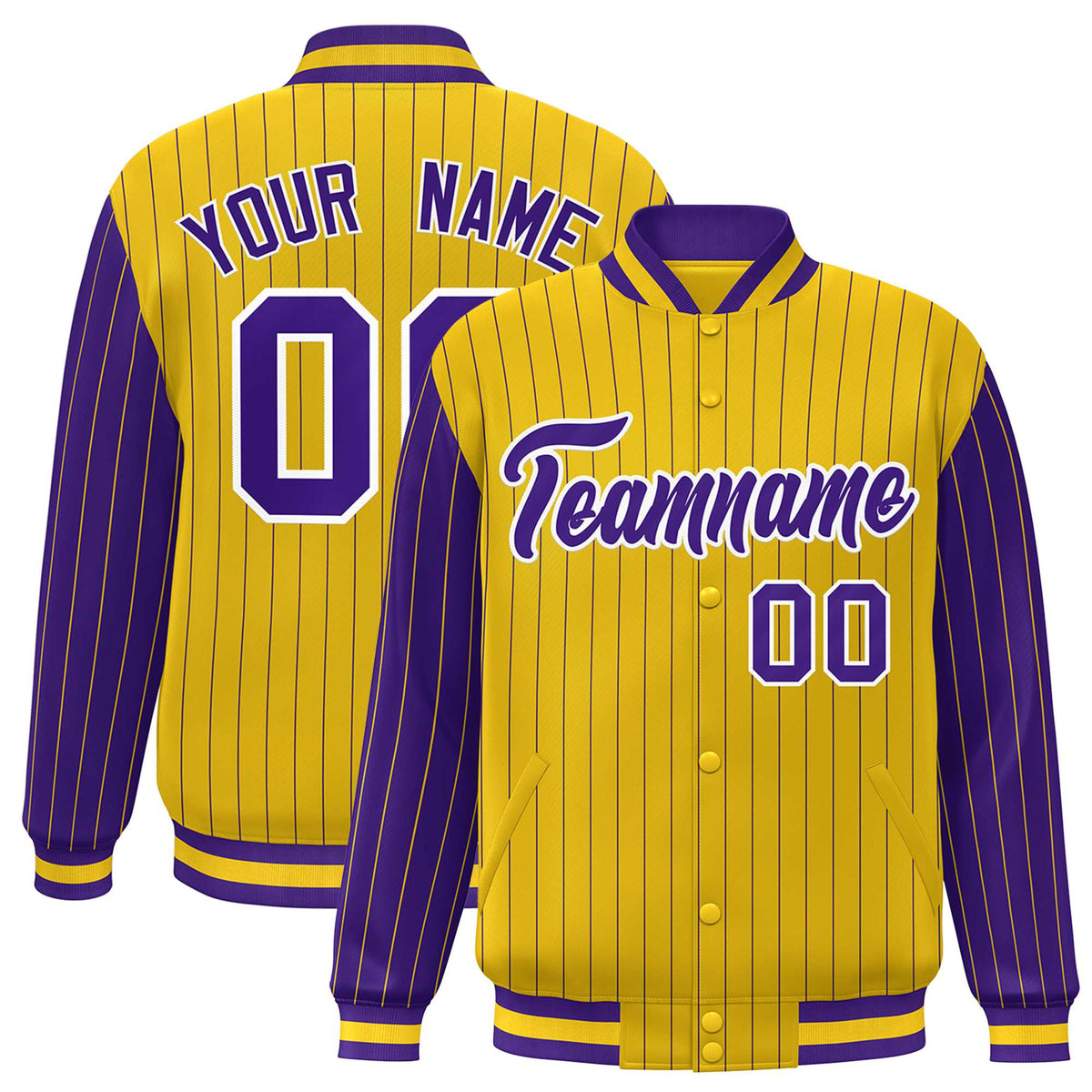 Custom Gold Purple Pinstripe White-Purple Bomber Full-Snap Varsity Letterman Jacket