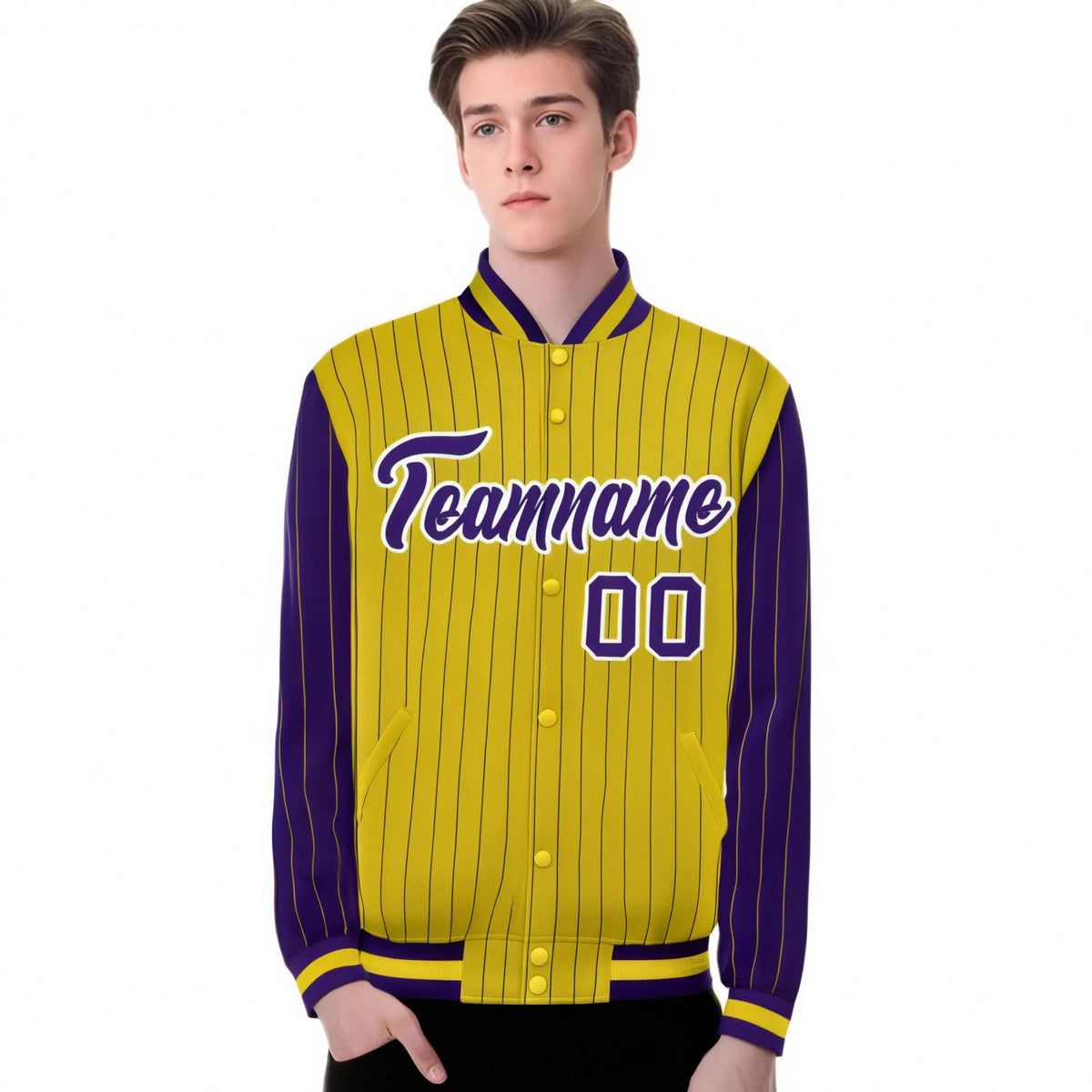Custom Gold Purple Pinstripe White-Purple Bomber Full-Snap Varsity Letterman Jacket