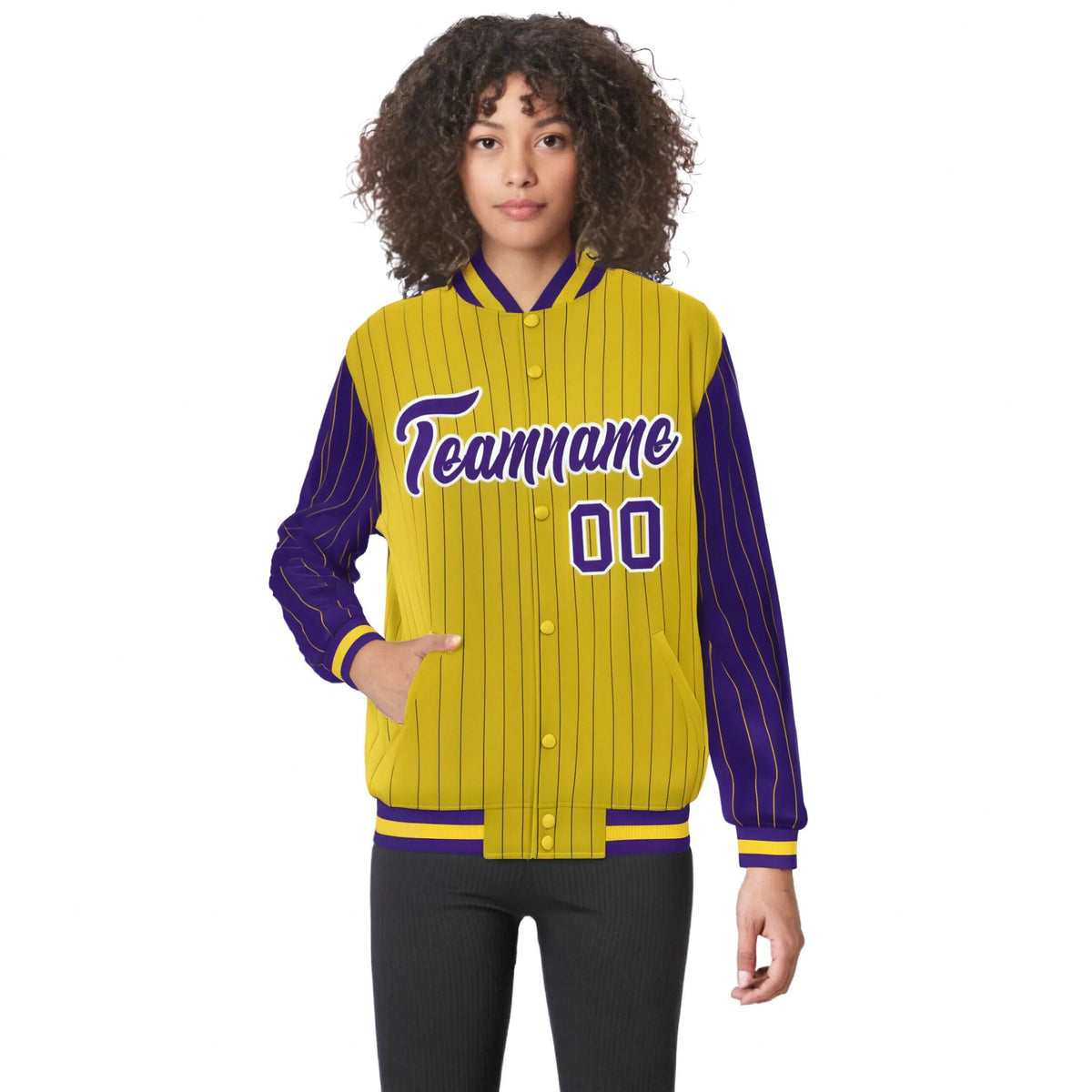 Custom Gold Purple Pinstripe White-Purple Bomber Full-Snap Varsity Letterman Jacket