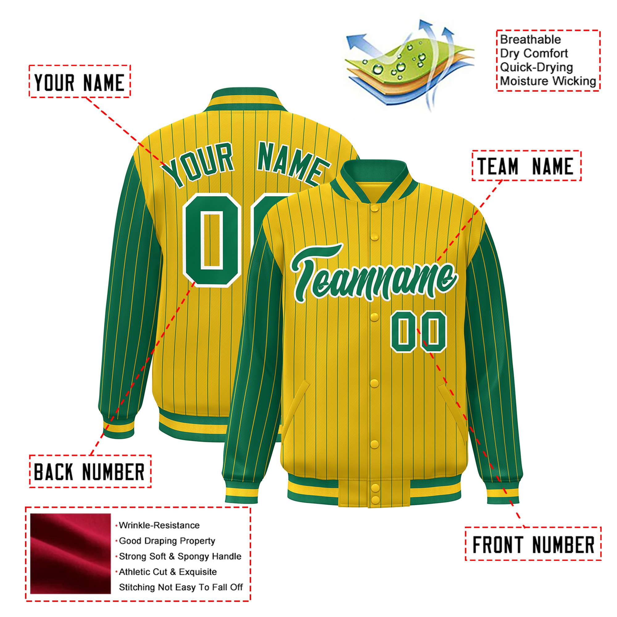 Custom Gold Neon-Green Pinstripe White Neon-Green Bomber Full-Snap Varsity Letterman Jacket