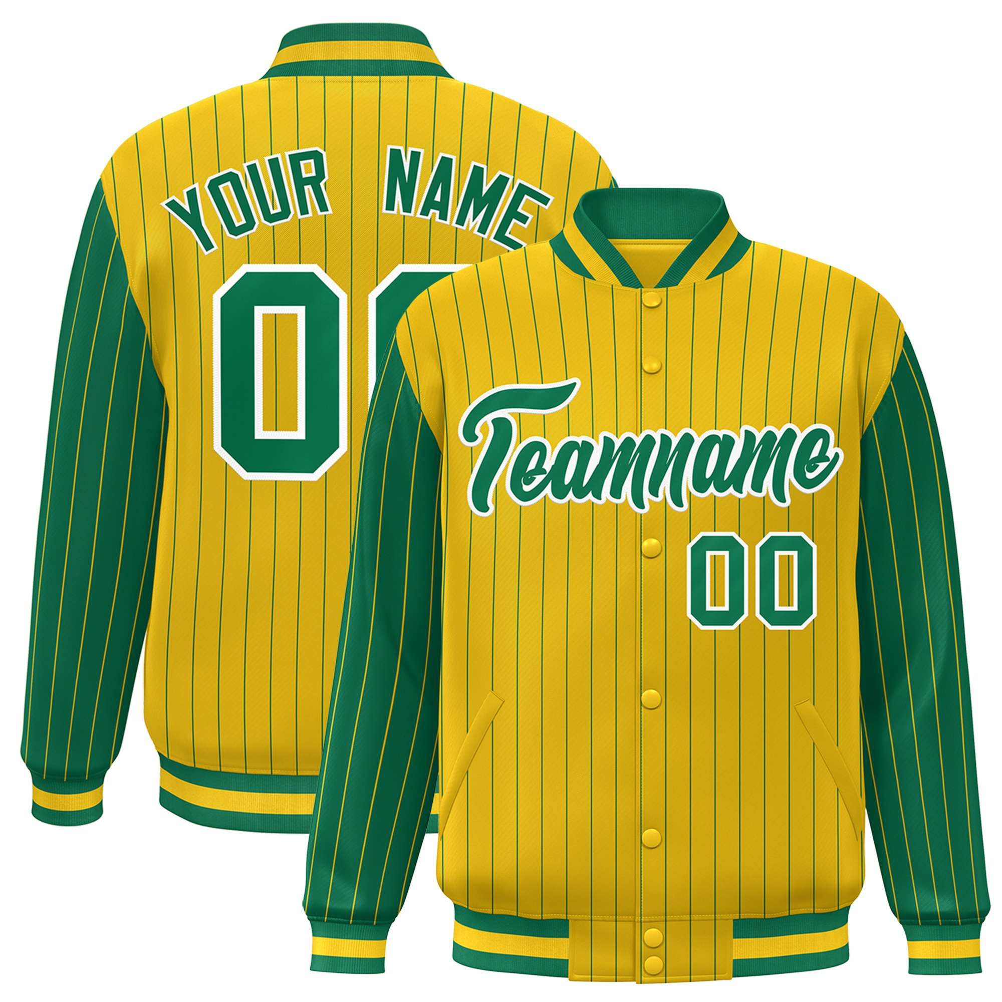 Custom Gold Neon-Green Pinstripe White Neon-Green Bomber Full-Snap Varsity Letterman Jacket