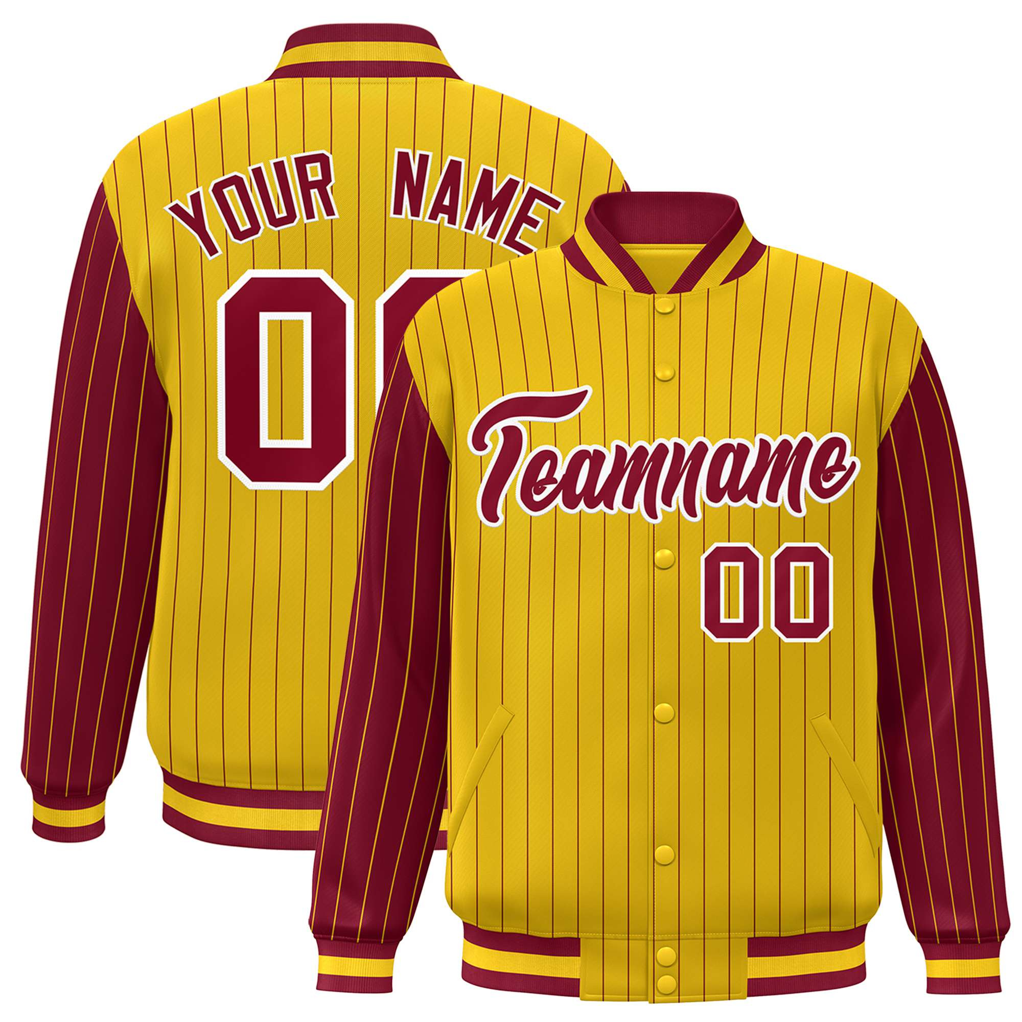 Custom Gold Crimson Pinstripe White-Crimson Bomber Full-Snap Varsity Letterman Jacket