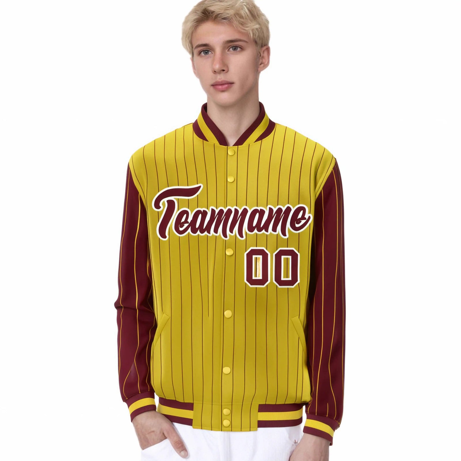 Custom Gold Crimson Pinstripe White-Crimson Bomber Full-Snap Varsity Letterman Jacket
