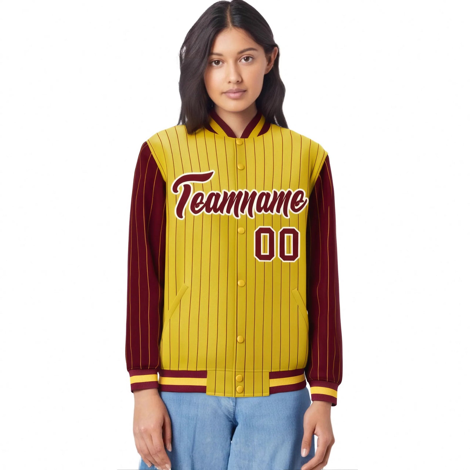 Custom Gold Crimson Pinstripe White-Crimson Bomber Full-Snap Varsity Letterman Jacket