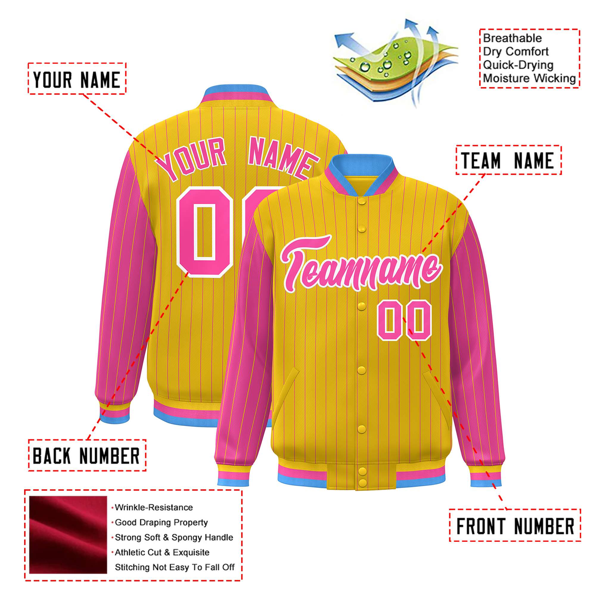 Custom Gold Pink Pinstripe White-Pink Bomber Full-Snap Varsity Letterman Jacket