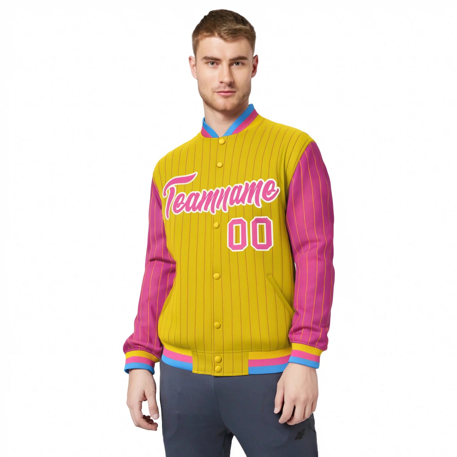 Custom Gold Pink Pinstripe White-Pink Bomber Full-Snap Varsity Letterman Jacket