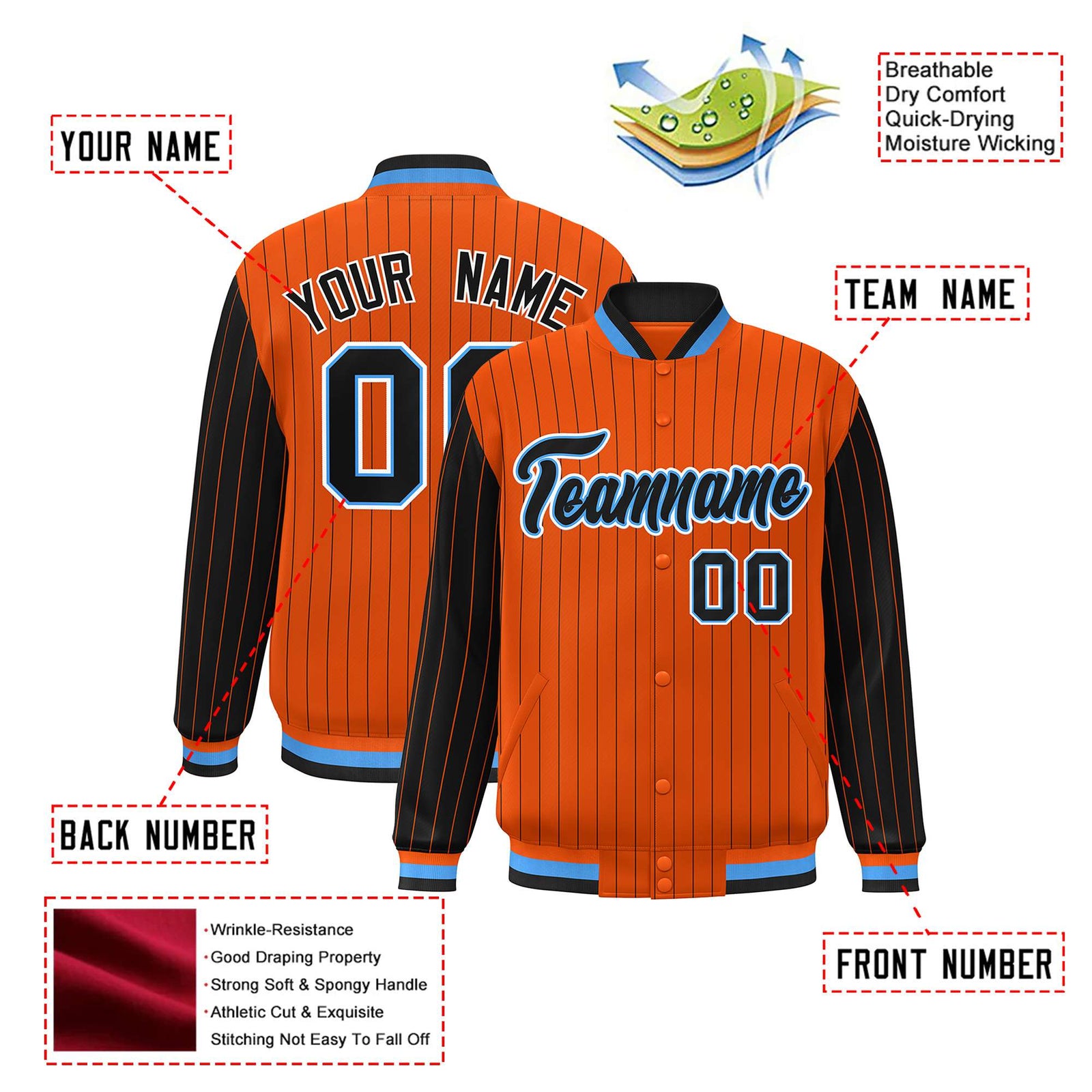 Custom Orange Black Pinstripe Powder-Blue Black Bomber Full-Snap Varsity Letterman Jacket