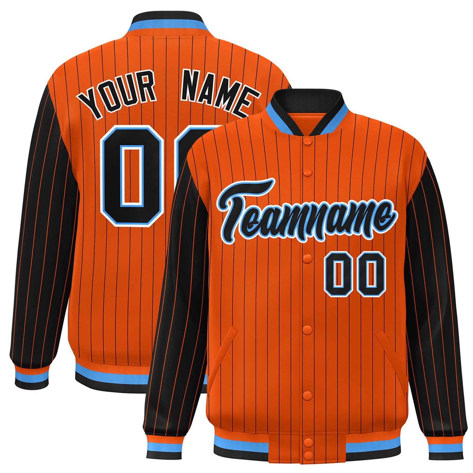 Custom Orange Black Pinstripe Powder-Blue Black Bomber Full-Snap Varsity Letterman Jacket